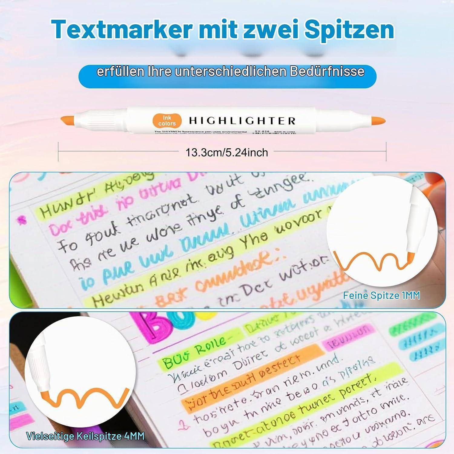 Werbebild eines Doppelspitzen-Textmarkers mit 13,3 cm Länge, das 1 mm feinen Spitzen und 4 mm breite Meißelspitzen zum Markieren von Notizen zeigt.