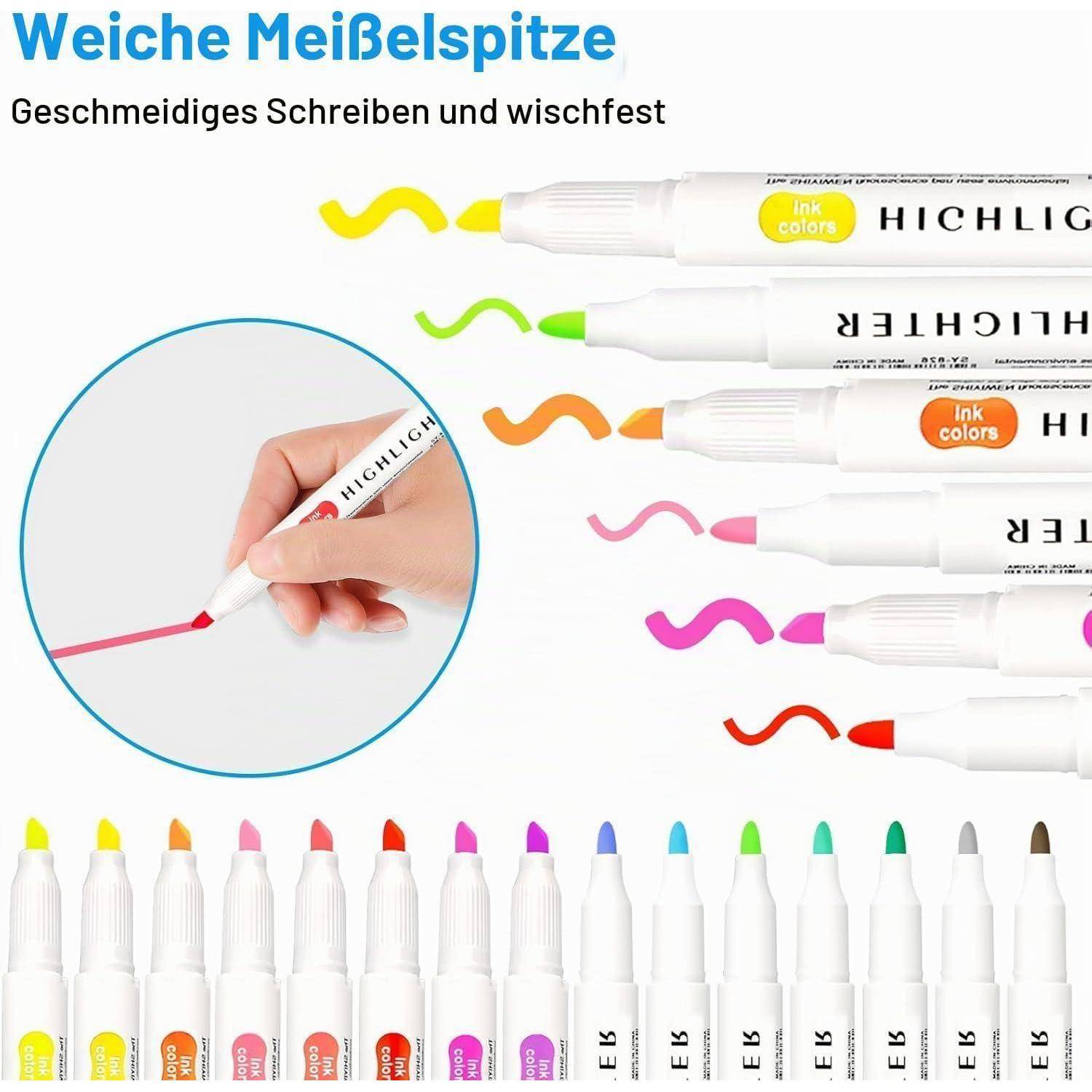 Anzeige für Textmarker mit weichen Spitzen, die farbenfrohe breite und feine Striche zeigt und eine Hand, die flüssig schreibt.