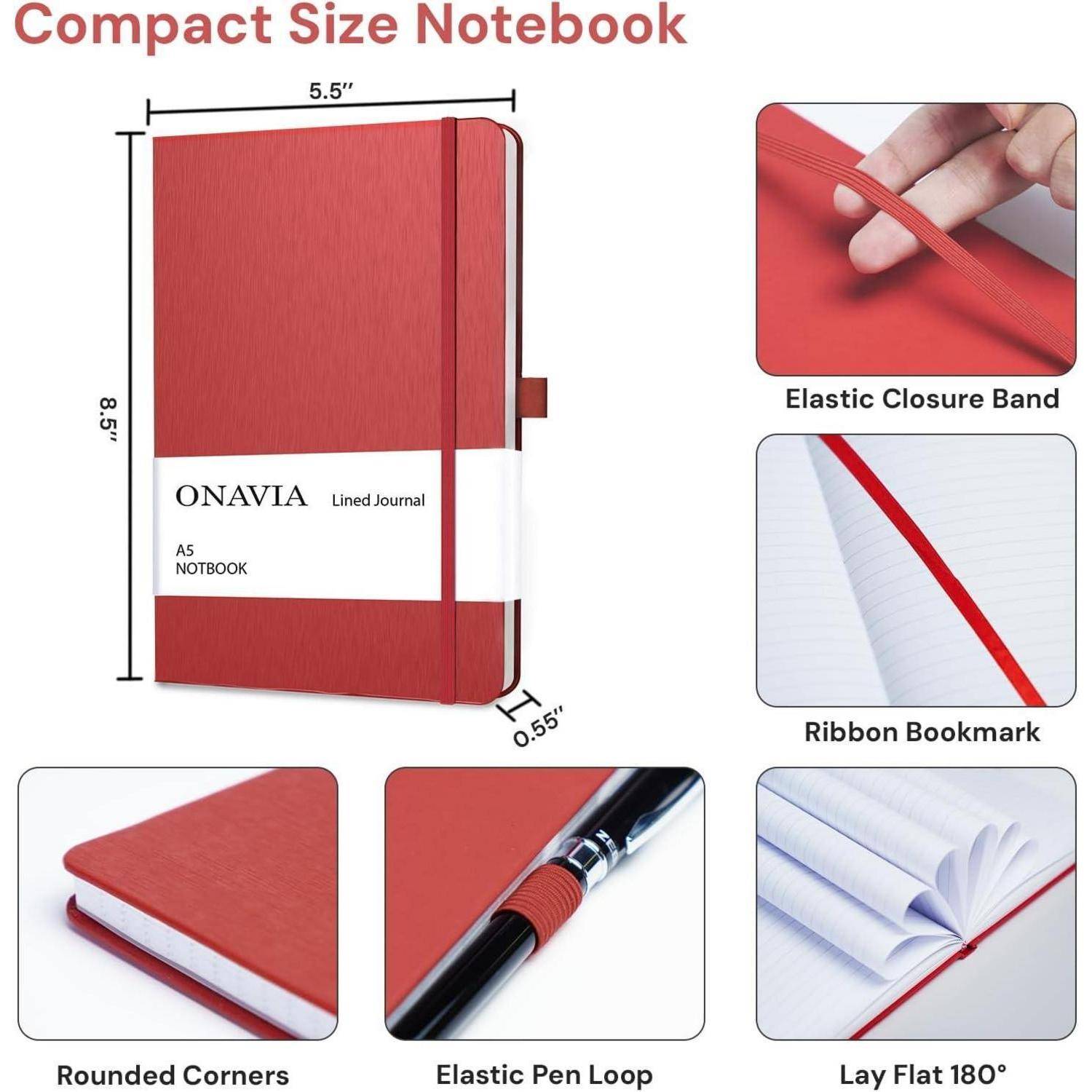 Rotes kompaktes Notizbuch mit ONAVIA-Etikett, mit den Maßen 5,5 x 8,5 x 0,5 Zoll, mit Gummibandverschluss, Lesezeichen mit Band, Stiftschleife, abgerundeten Ecken und Flachliegefunktion.