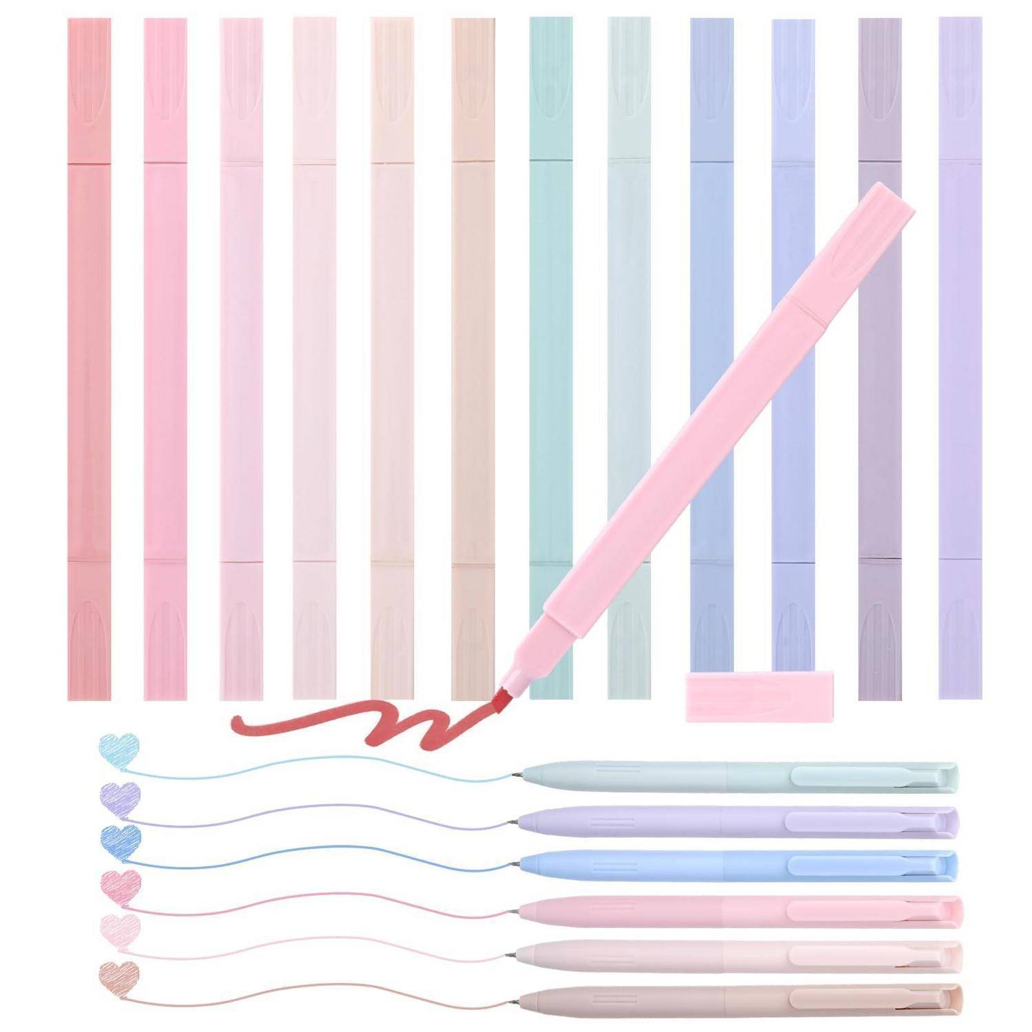 Pastellstifte und Marker in Reihen angeordnet, mit einem rosa Stift, der eine rote Schnörkelzeichnung und wellenförmige Musterlinien zeichnet, die die Stiftfarben zeigen.