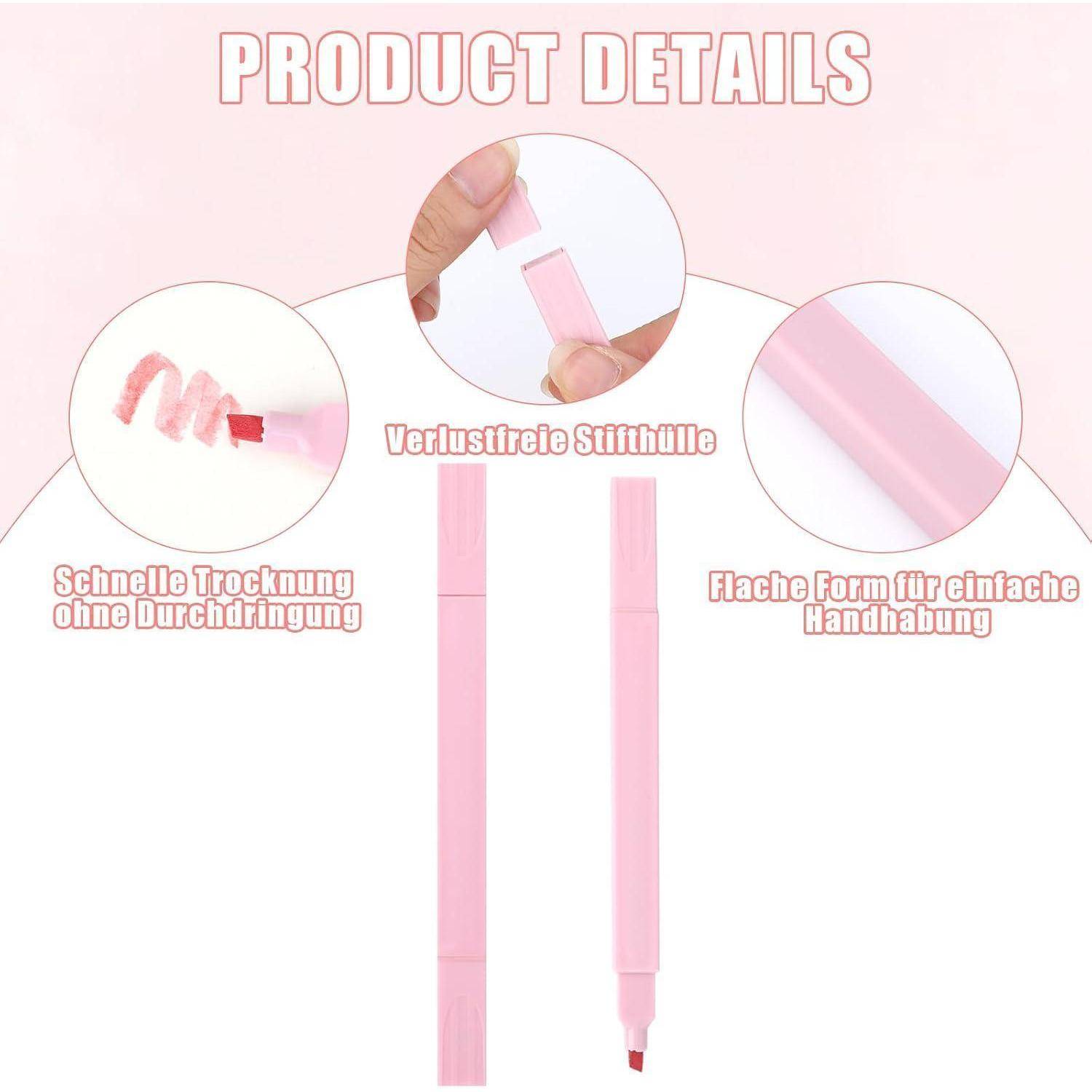 Produktdetail-Grafik mit rosa Lippenstifttubpen und Applikatoren, mit Aussagen zu schnellem Trocknen, verschleißfreien Spitzen und flacher Form für einfache Handhabung.
