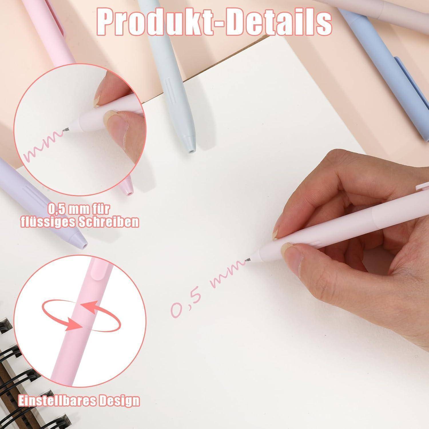 Produktdetailgrafik, die Pastellstifte zeigt, die 0,5 mm feine Linien schreiben, mit Nahaufnahmen von sanftem Schreiben und einem verstellbaren Designmerkmal.