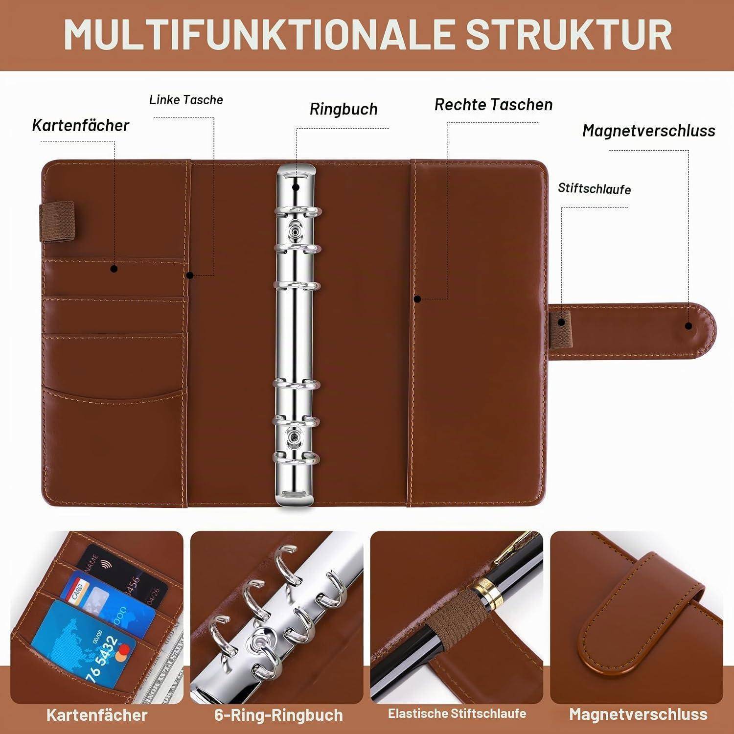 Illustrierter Lederringordner-Organizer mit deutscher Beschriftung, der Kartentaschen, linke und rechte Taschen, 6-Loch-Ringbinder, elastische Stiftschlaufe und Magnetverschluss zeigt.