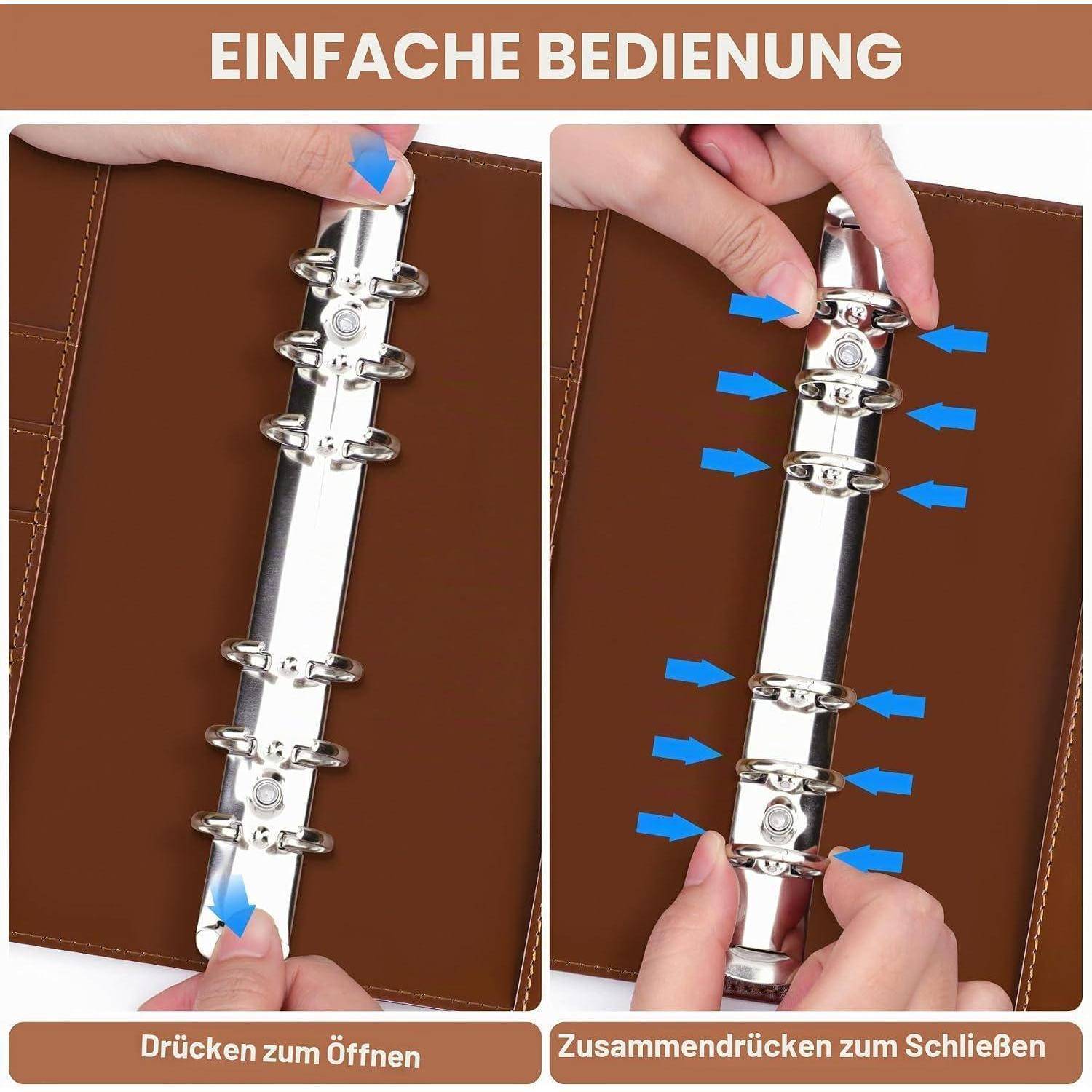 Zwei-Panel-Diagramm, das einen Ringmechanismus eines Ordners zeigt, der gedrückt wird, um ihn zu öffnen, und zusammengepresst wird, um ihn zu schließen, mit deutschen Beschriftungen „EINFACHE BEDIENUNG