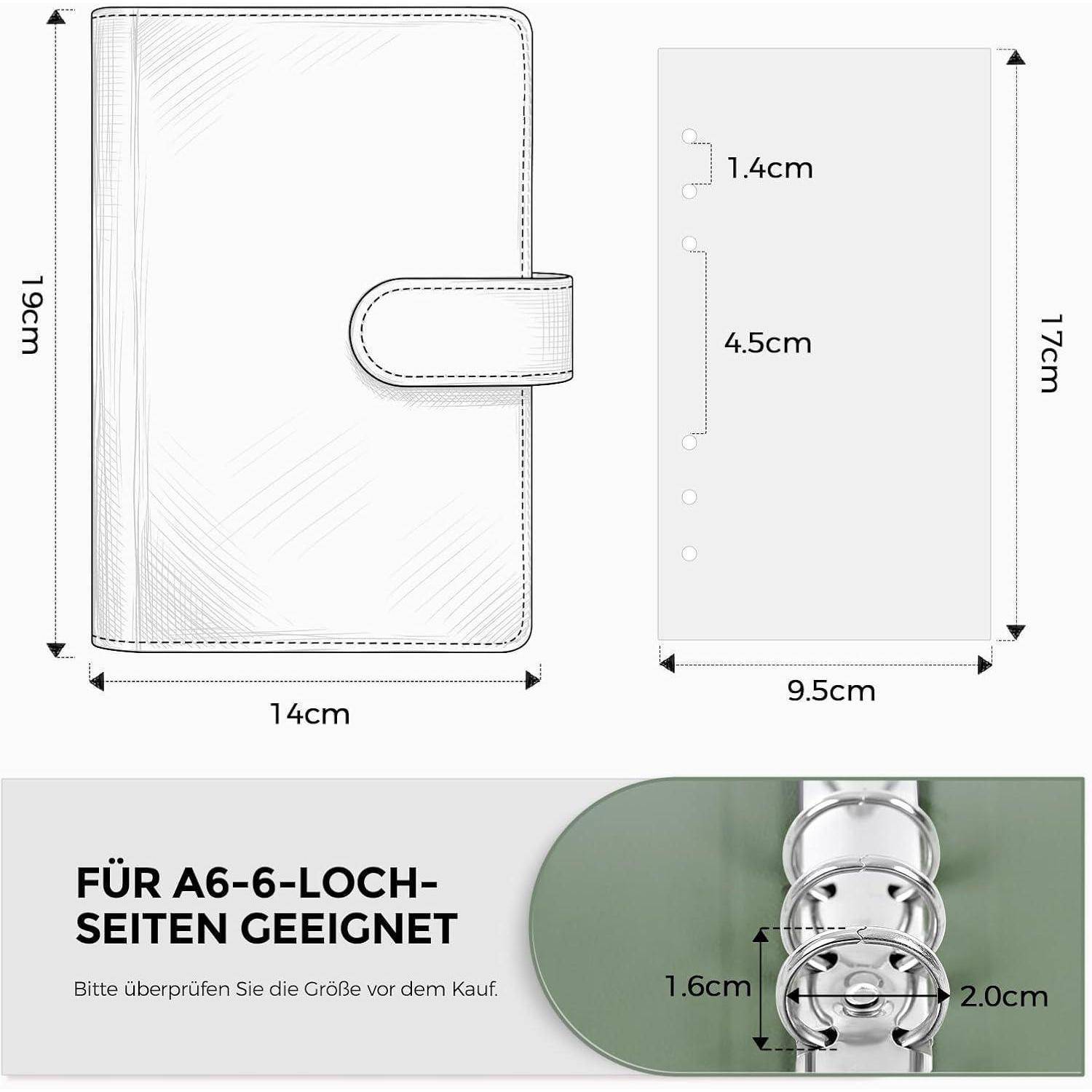 A6 6-Loch-Binderumschlag-Größendiagramm mit Abmessungen 19 cm x 14 cm, Einlegegröße 17 cm x 9,5 cm und Lochabständen 1,4 cm, 4,5 cm, 1,6 cm und 2,0 cm.