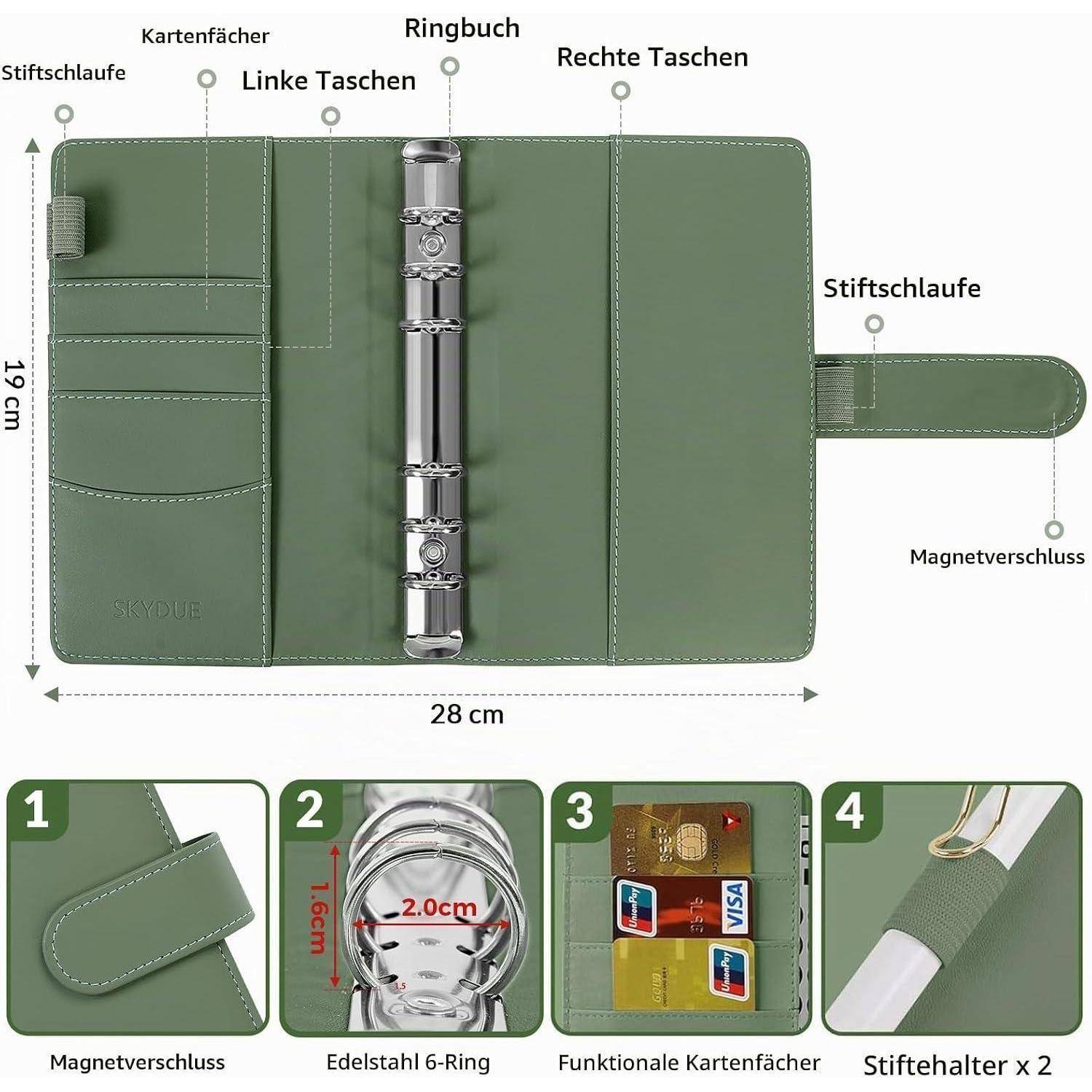Grüner Ringordner-Organizer geöffnet mit beschrifteten Taschen, Stiftschlaufen und Magnetverschluss; eingefügte Nahaufnahmen zeigen die Schließe, den 6-Ring-Mechanismus, Kartensteckplätze und zwei Stifthalter.
