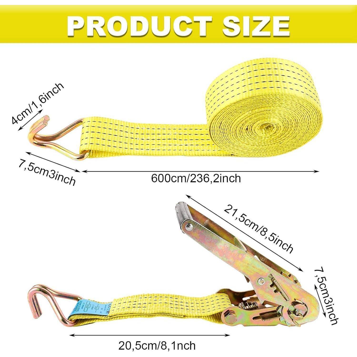 Größendiagramm eines gelben Ratschensicherungsgurtes: 600 cm lang, 4 cm breit, mit Hakenende 7,5 cm, Ratsche 21,5 cm und zusammengebaute Länge 20,5 cm.