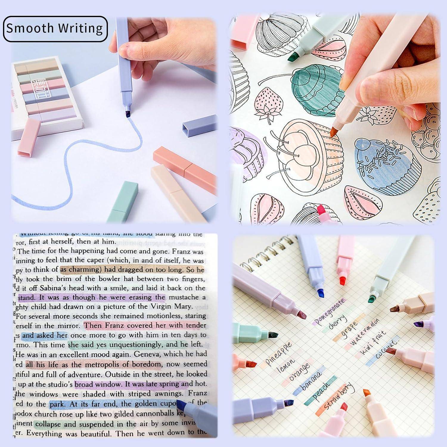 Collage mit flüssigem Schreiben und Notizen mit Pastellmarkern: Freihandstrichzeichnung, Einfärben einer Blumenseite, Hervorheben von Buchtext und farbliche Kodierung von Vokabelnotizen.