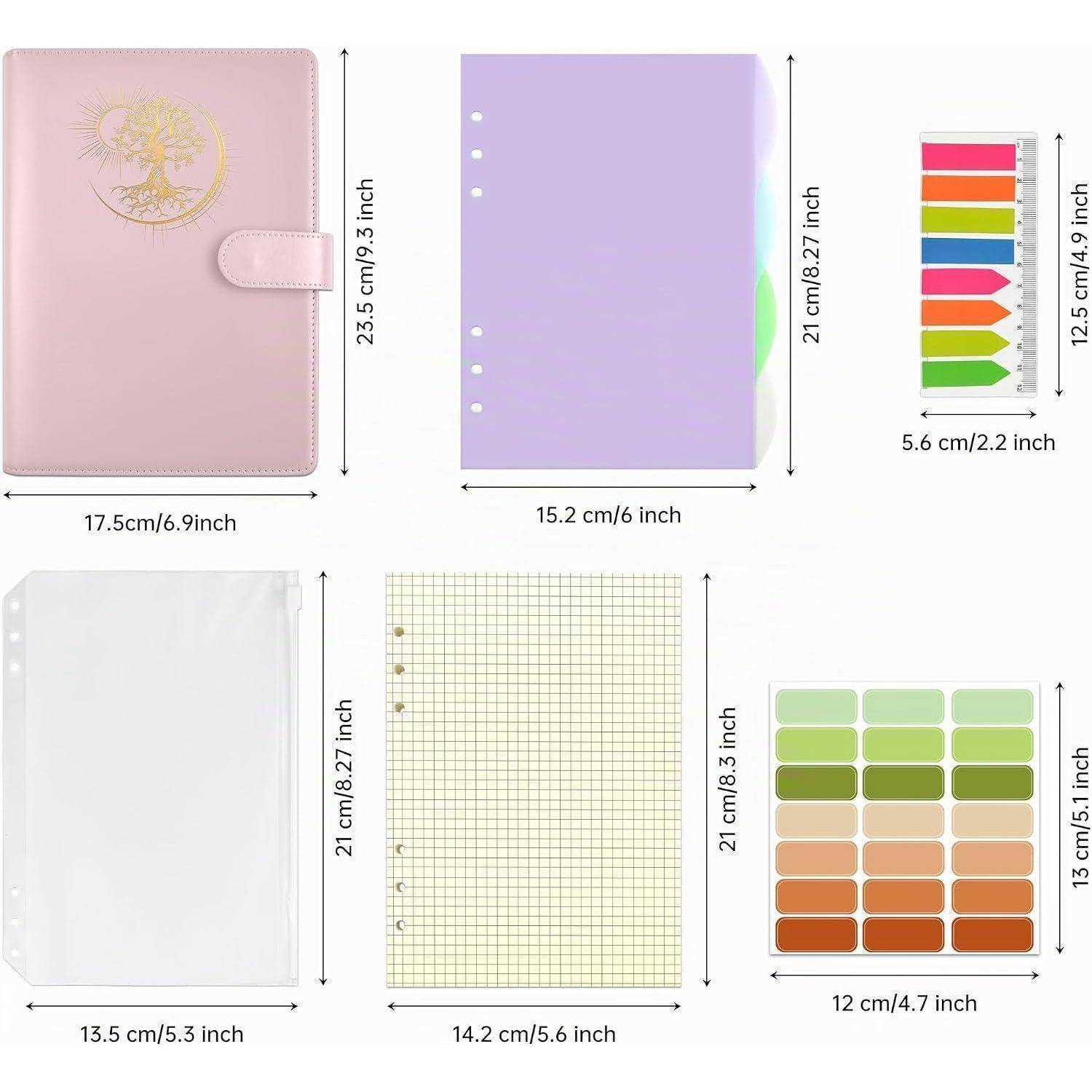 Produktgrößentabelle mit einem rosa Ordner, lila Einlage, farbigen Reitern, weißen Hüllen, Millimeterpapier und Etikettenstickern mit ihren Abmessungen in cm und Zoll.
