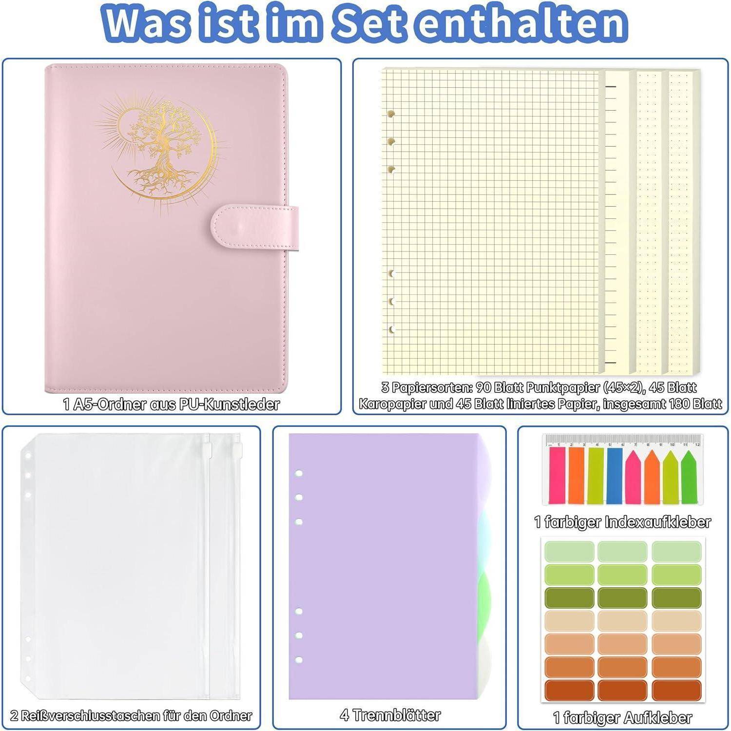 Setinhalt angezeigt: 1 rosa A5 PU-Leder-Ordner, 108 Papierblätter, 2 Reißverschlusstaschen, 4 Trennblätter, 1 farbiges Registerblatt und 1 Stickerbogen.