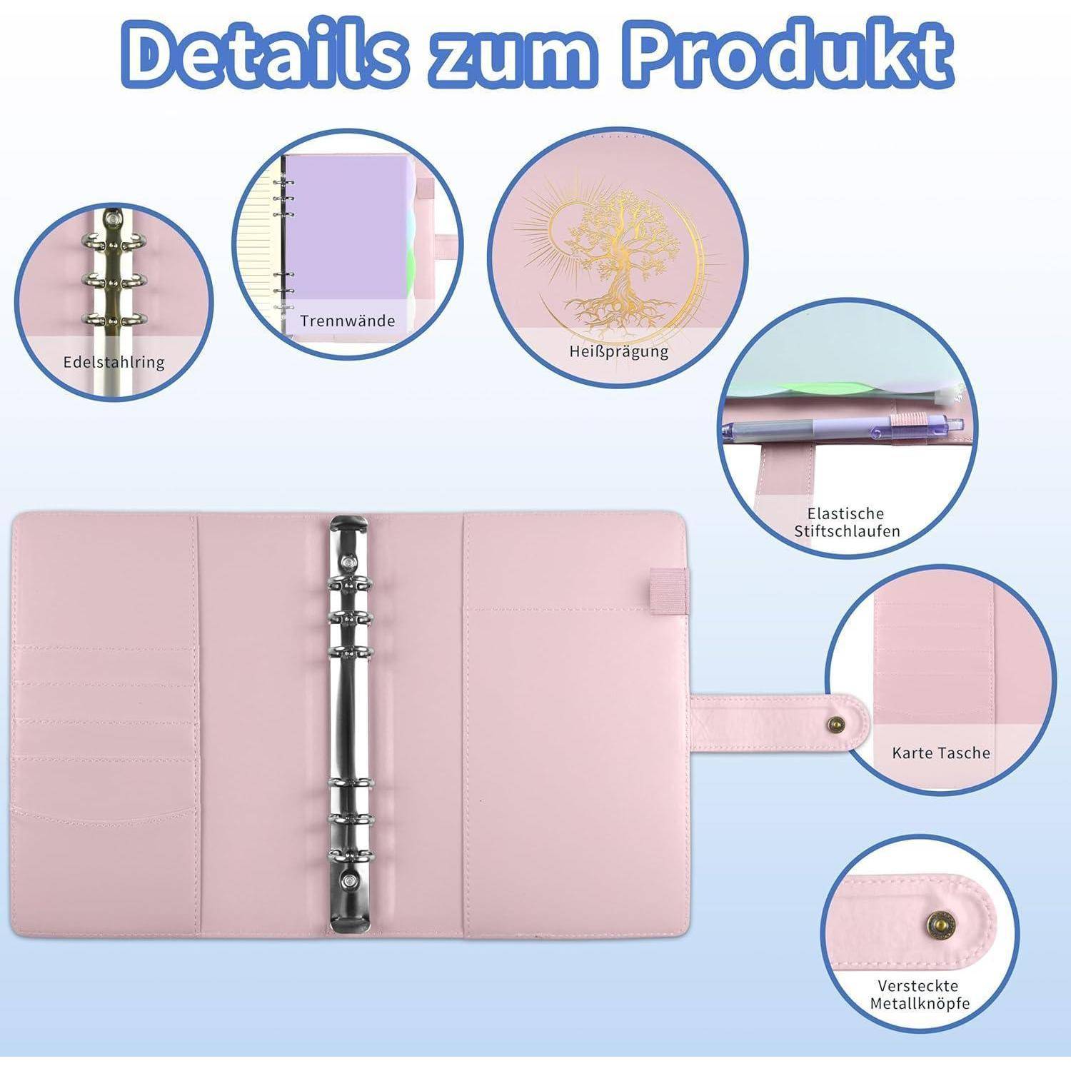 Produktdetails-Grafik für einen rosafarbenen Ringordner-Planer mit reißverschlussfreien Taschen, elastischer Stiftschlaufe, Kartenfach, versteckten Metalldruckknöpfen und geprägtem Goldlogo