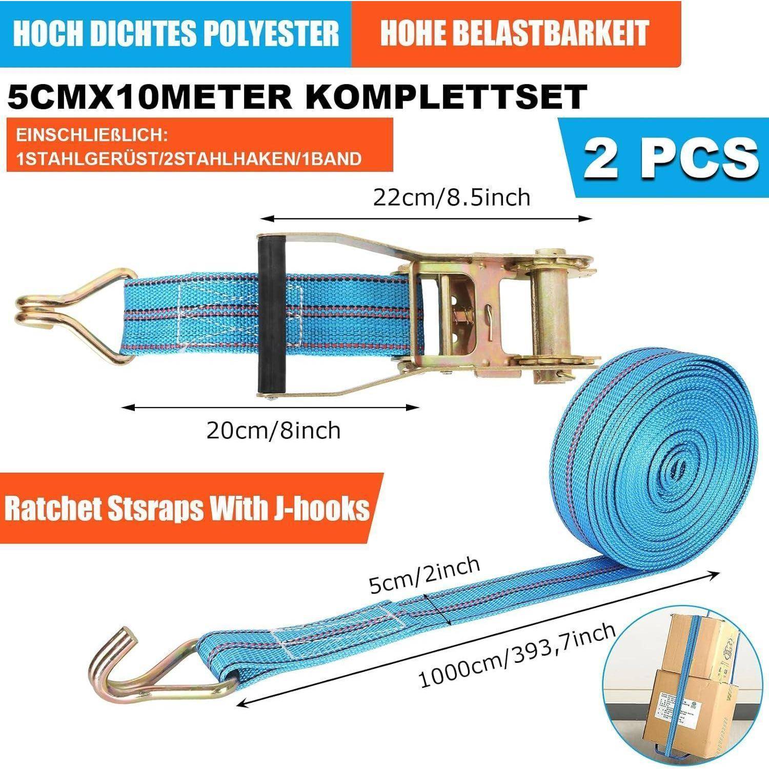 Angebot für 2 blaue Ratschengurte mit J-Haken, zeigt 5 cm x 10 m Set, 1000 cm Länge, 22 cm Ratsche und Verwendung zur Ladungssicherung.