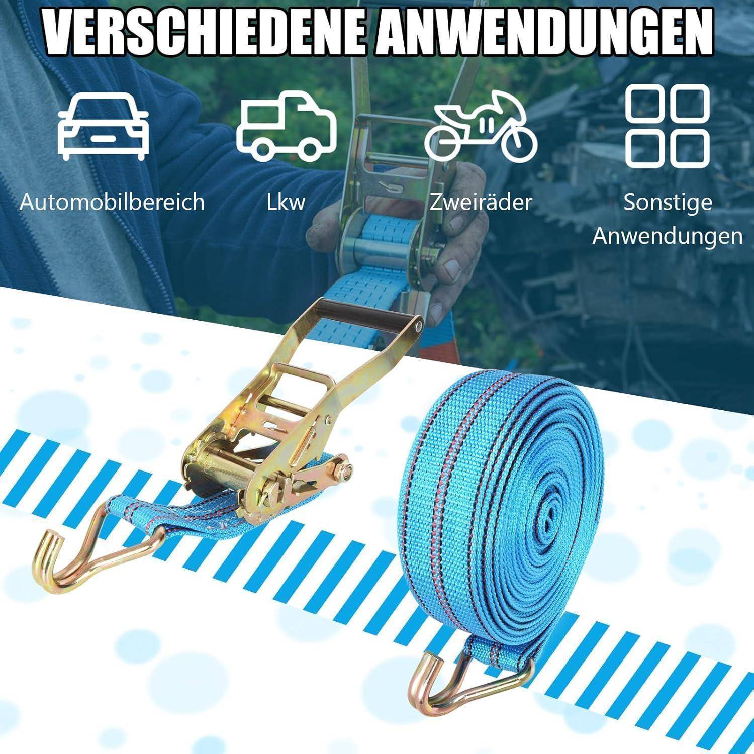 Grafik zeigt einen blauen Spanngurt mit Ratschenschnalle und Haken, gekennzeichnet mit 