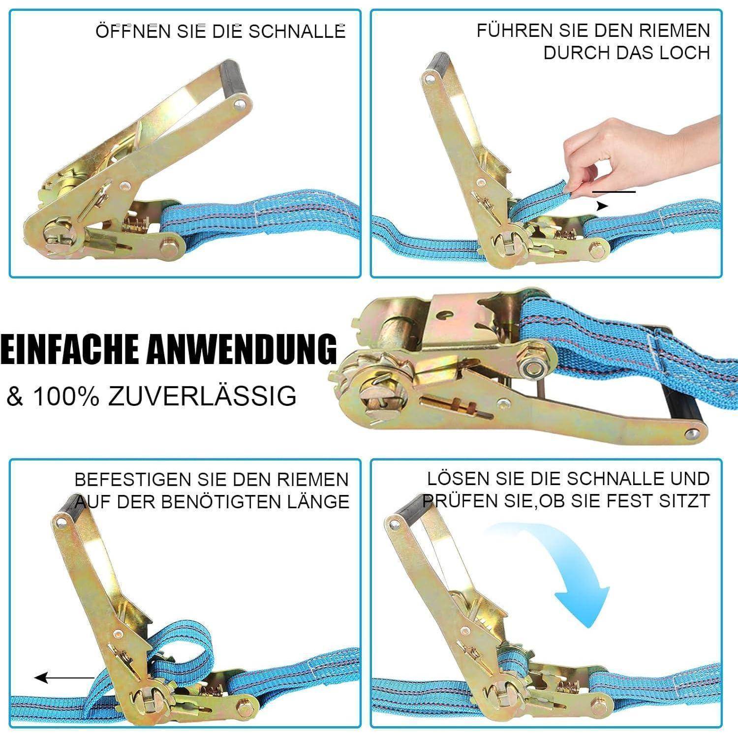 Spannriemenschnalle öffnen, Riemen durchfädeln, auf gewünschte Länge anziehen, dann lösen und überprüfen, ob alles sicher sitzt.