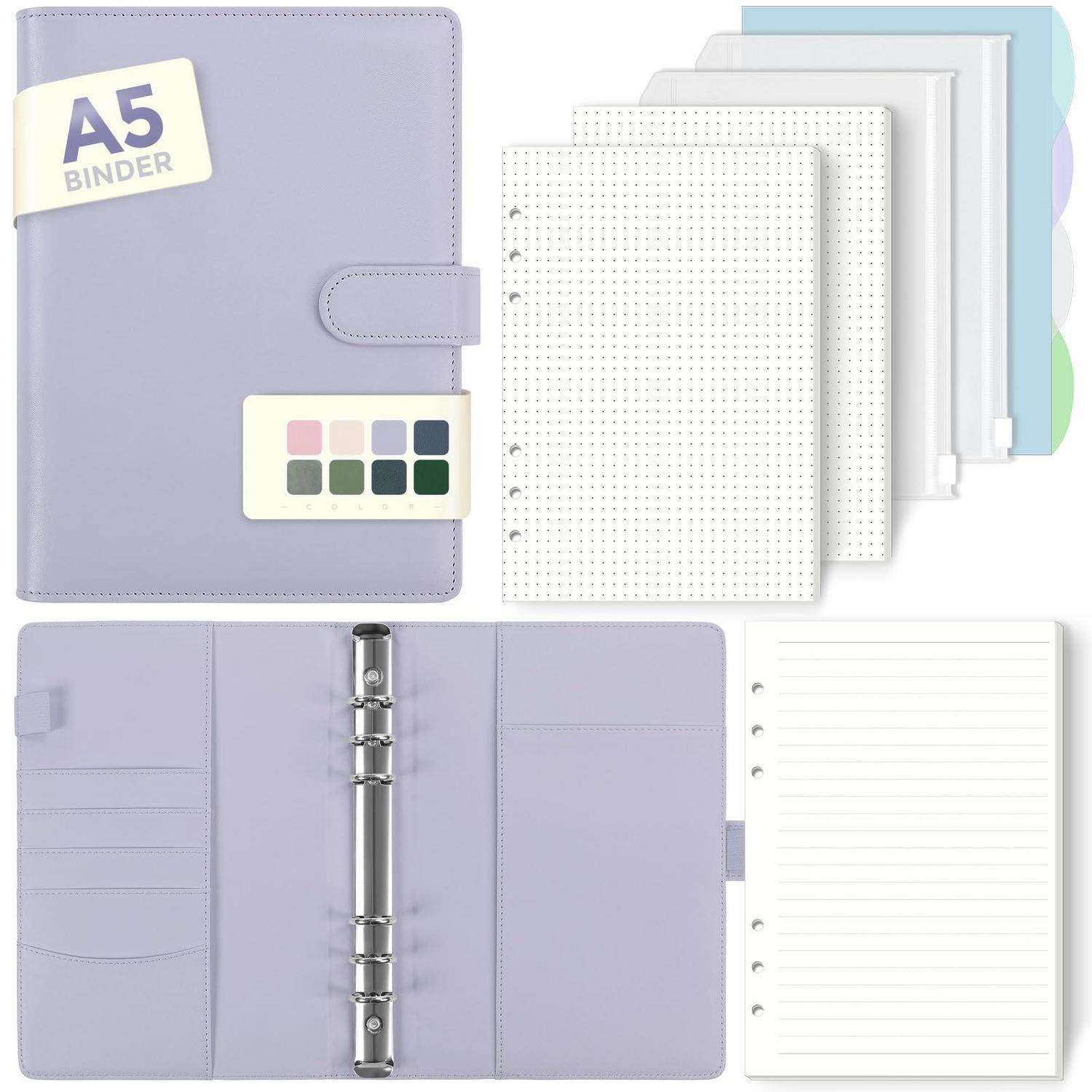 Lavendelfarbener A5-Ringbinder-Planer mit farbigen Trennblättern und linierten und gepunkteten Nachfüllseiten, geöffnet und geschlossen abgebildet.