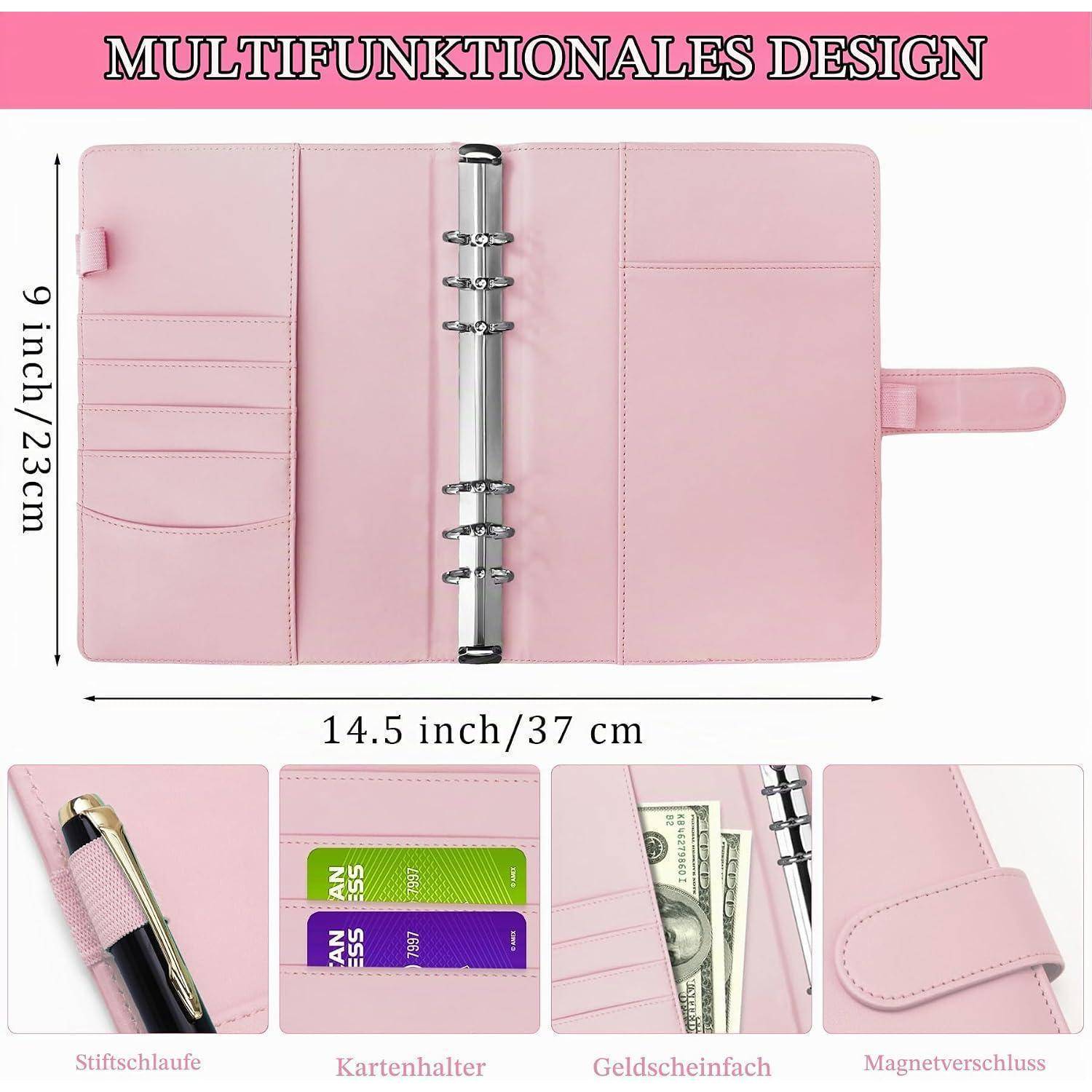 Rosa Ringbinder-Planer-Organizer mit der Beschriftung „MULTIFUNKTIONALES DESIGN