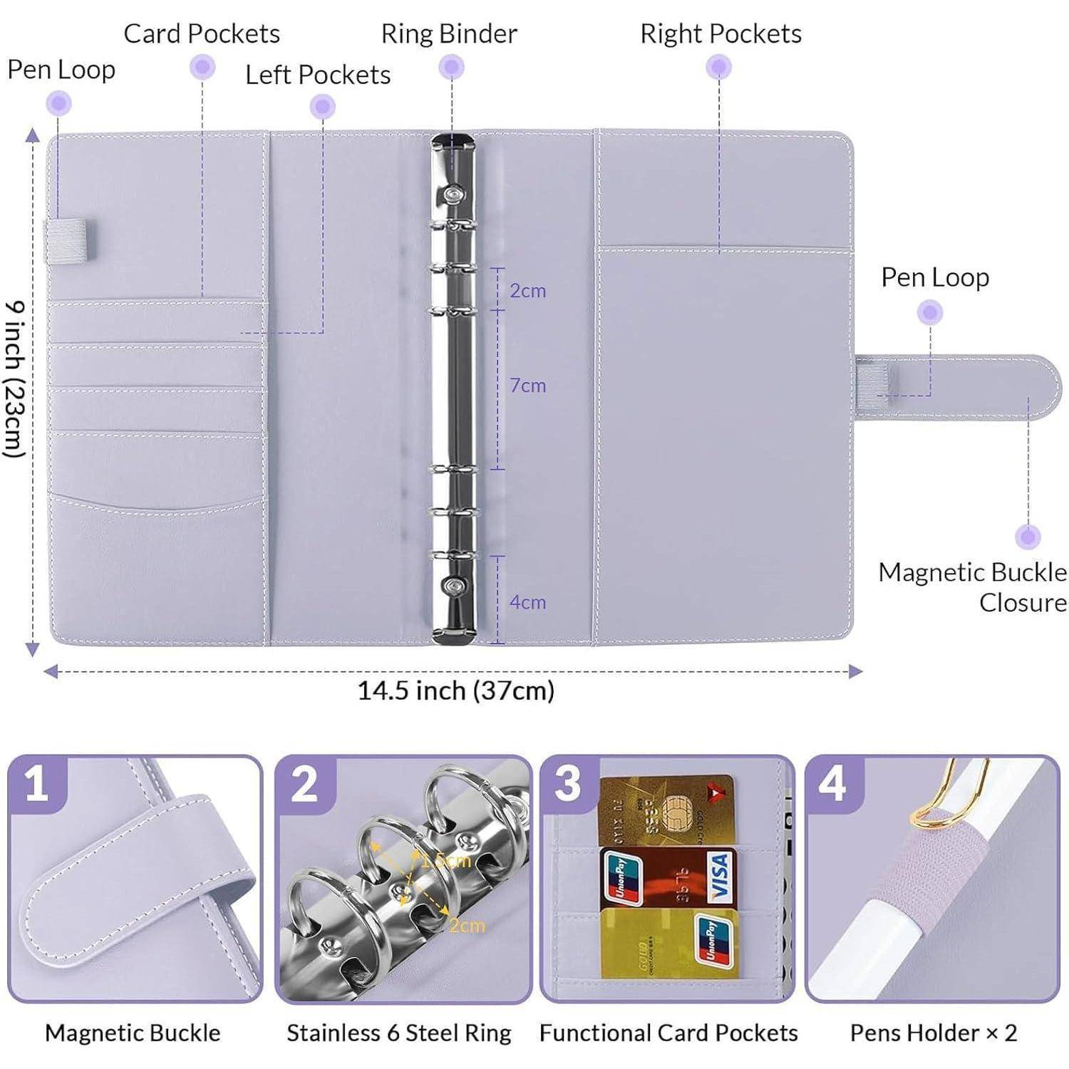 Diagramm eines lavendelfarbenen Ringbinder-Planer-Umschlags mit Stiftschlaufen, Kartenfächern, rechten Taschen und magnetischem Schnappverschluss; Abmessungen 14,5 x 9,1 Zoll.