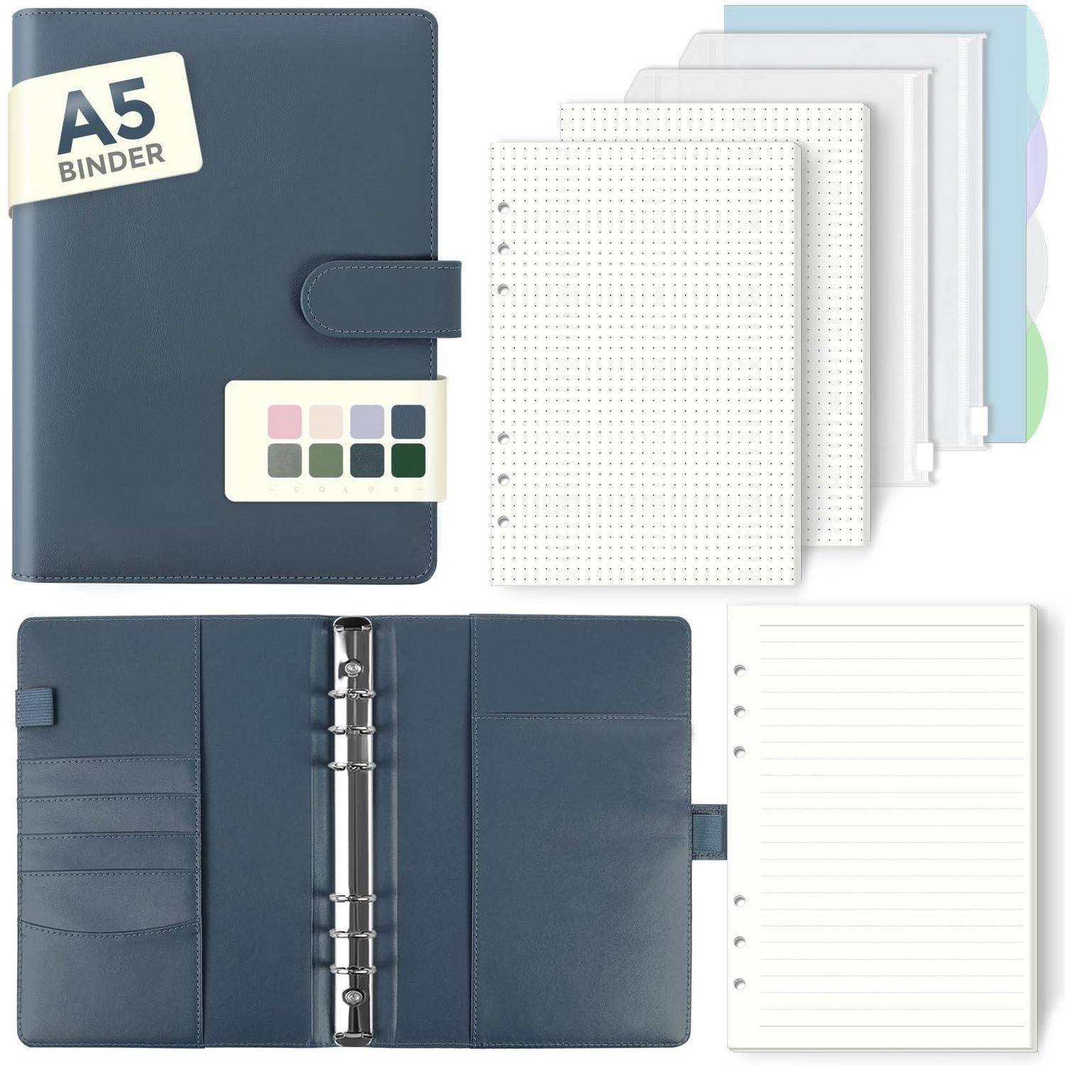 Blauer A5-Ringbinder-Planersatz mit austauschbaren gepunkteten und linierten Nachfüllseiten, Taschen und Farbmustern; Vorder- und Innenansichten dargestellt.