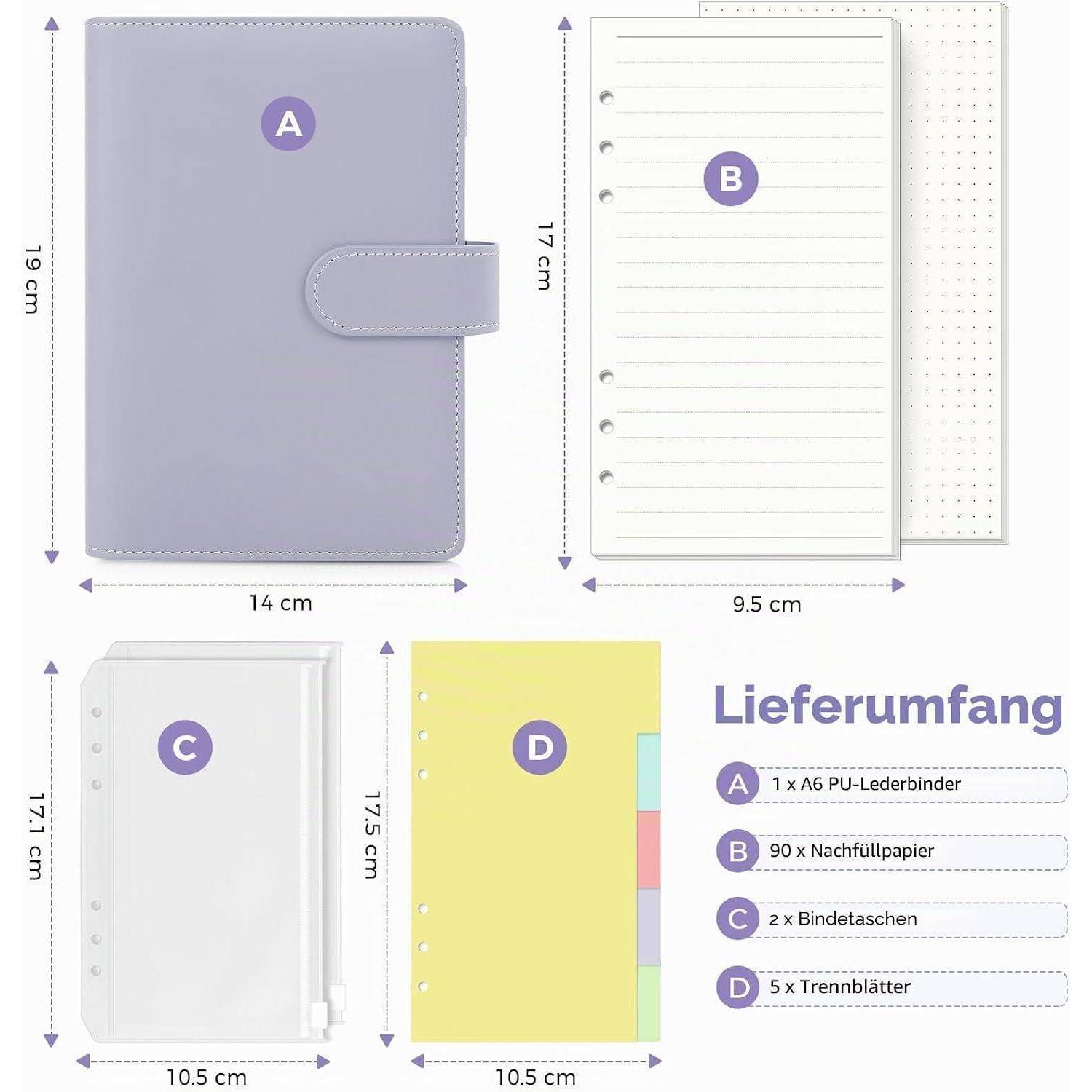 Abbildung eines A6-Bindersets mit vier Teilen: A violettes PU-Lederbinder, B liniertes Nachfüllpapier, C Binderhülsen und D Registerreiter; enthält deutsche „Lieferumfang