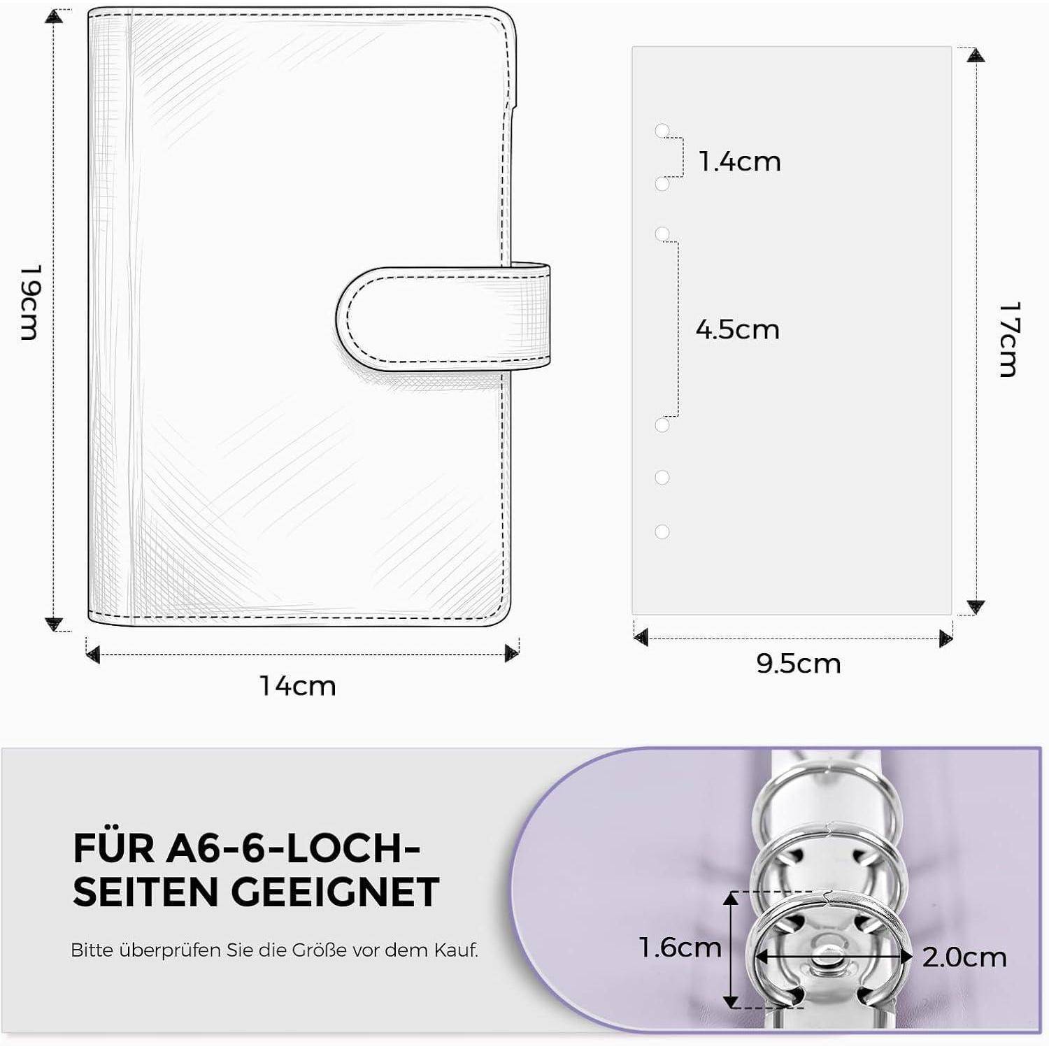 Diagramm einer A6 6-Loch-Ringbinderkante und Größenleitfaden für Einlagen, zeigt Kante 19 cm x 14 cm, Einlage 17 cm x 9,5 cm, Lochabstand 1,4 cm und 4,5 cm.