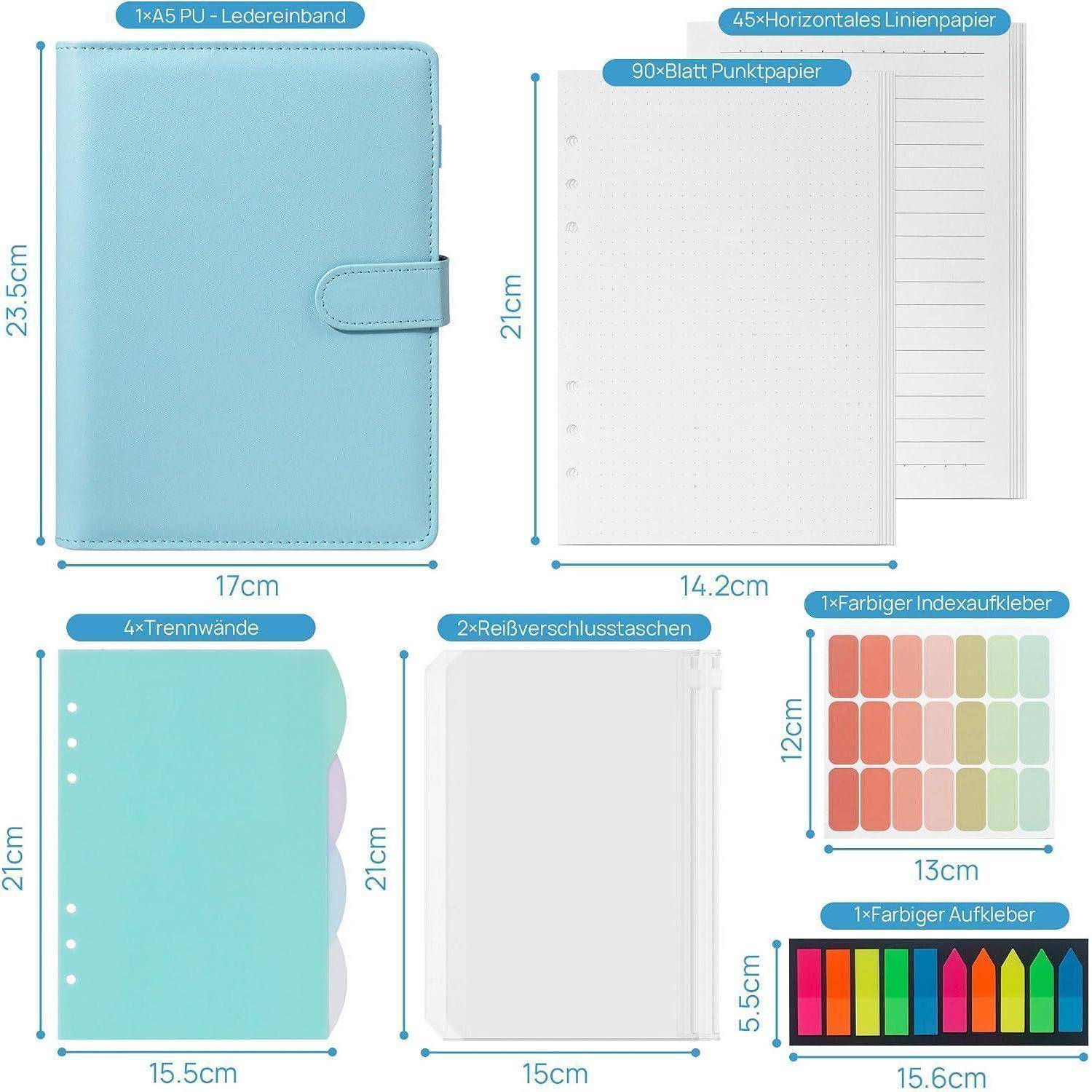 Produktset mit einem hellblauen A5-PU-Ledereintrag und mitgelieferten Einsätzen: liniertes Papier, Punktpapier, Trennblätter, Reißverschlusstaschen, Registerreiter und farbigen Etiketten mit Abmessungen.