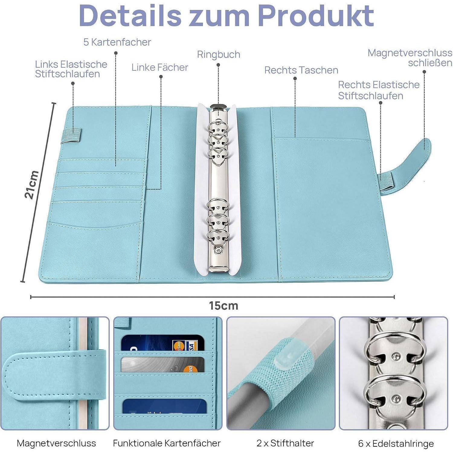 Kommentiertes Produktdiagramm eines hellblauen Ringordner-Portemonnaies mit 5 Kartensteckplätzen, Taschen, Stiftschlaufen, Magnetverschluss, Größe 15 cm x 21 cm und detaillierte Nahaufnahmen.