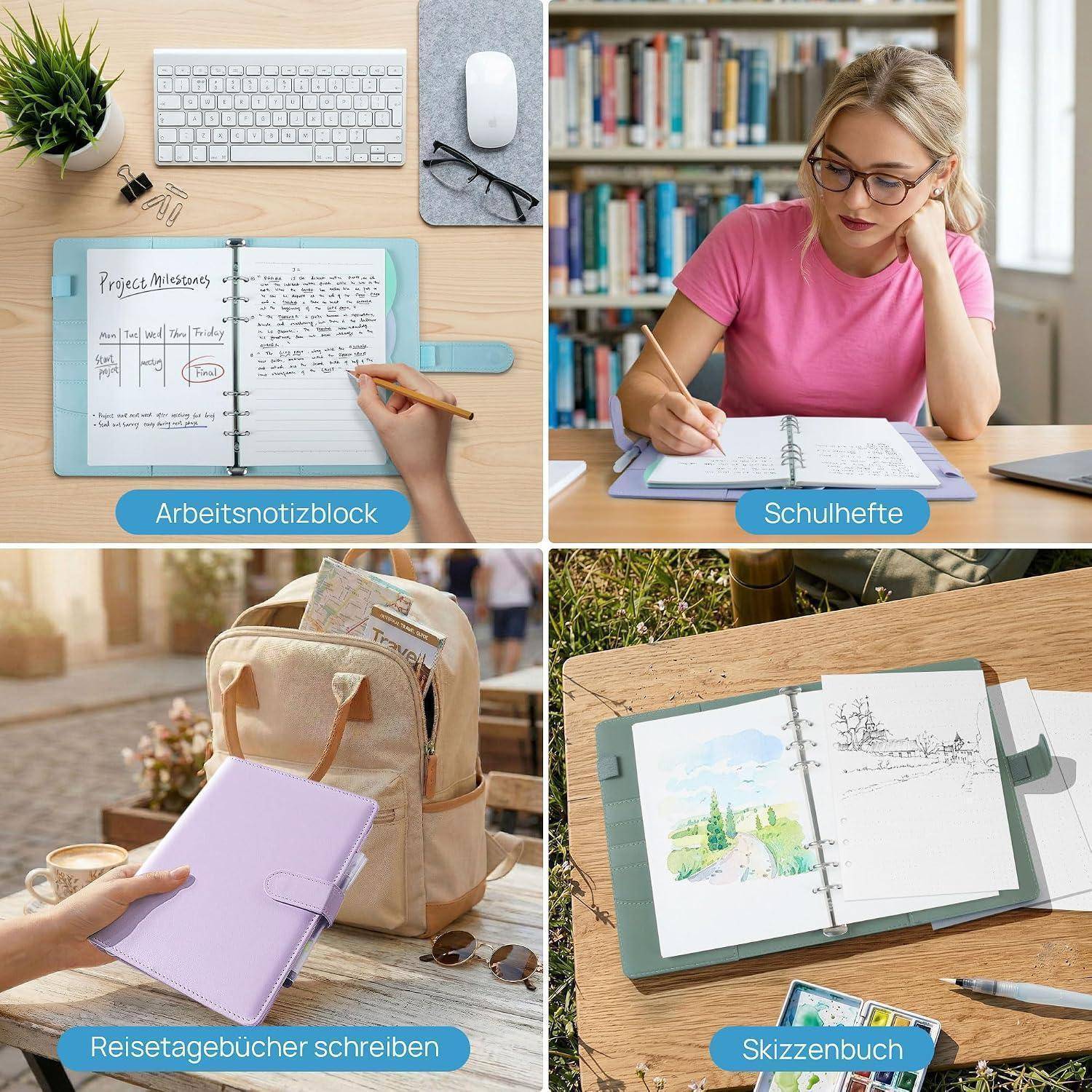 Vierteiliges Collage-Set von Notizbuchverwendungen: Arbeitsplaner, Studentennotizbuch, Reisetagebuch und Skizzenbuch, jeweils auf einem Schreibtisch oder im Freien in Gebrauch gezeigt.