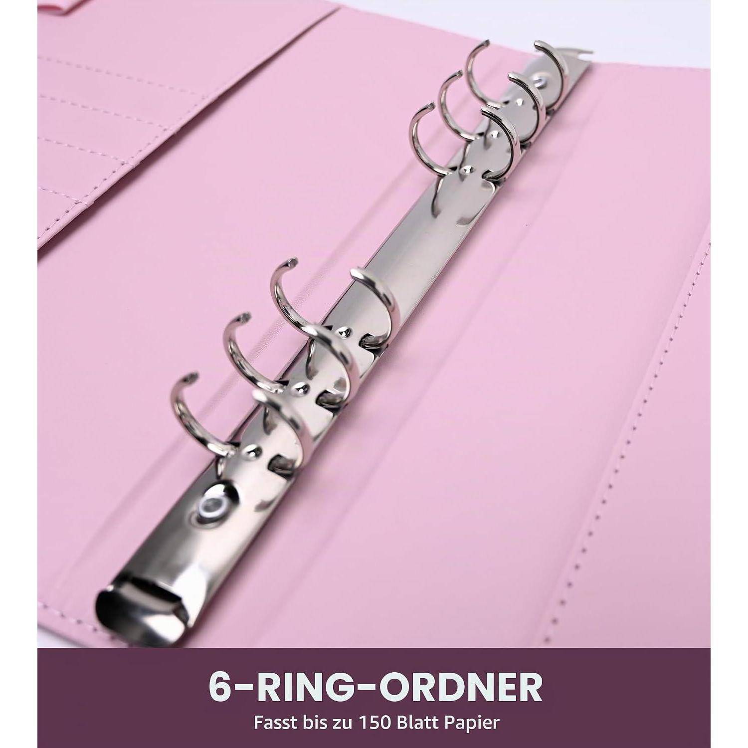 Rosa 6er-Ring-Ordner mit Metallringmechanismus; Text lautet „6-RING-ORDNER