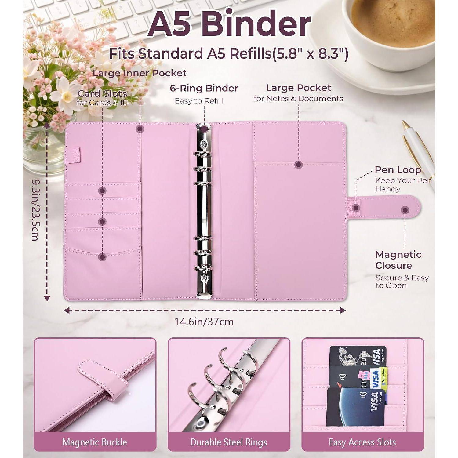 Rosa A5-Ringbuch offen mit 6-Ring-Metallmechanismus, Magnetverschluss, Stiftschlaufe, Kartenfächern und großer Tasche; Abmessungen angegeben als 14,6 x 9,3 Zoll und passt zu A5-Nachfüllpaketen.