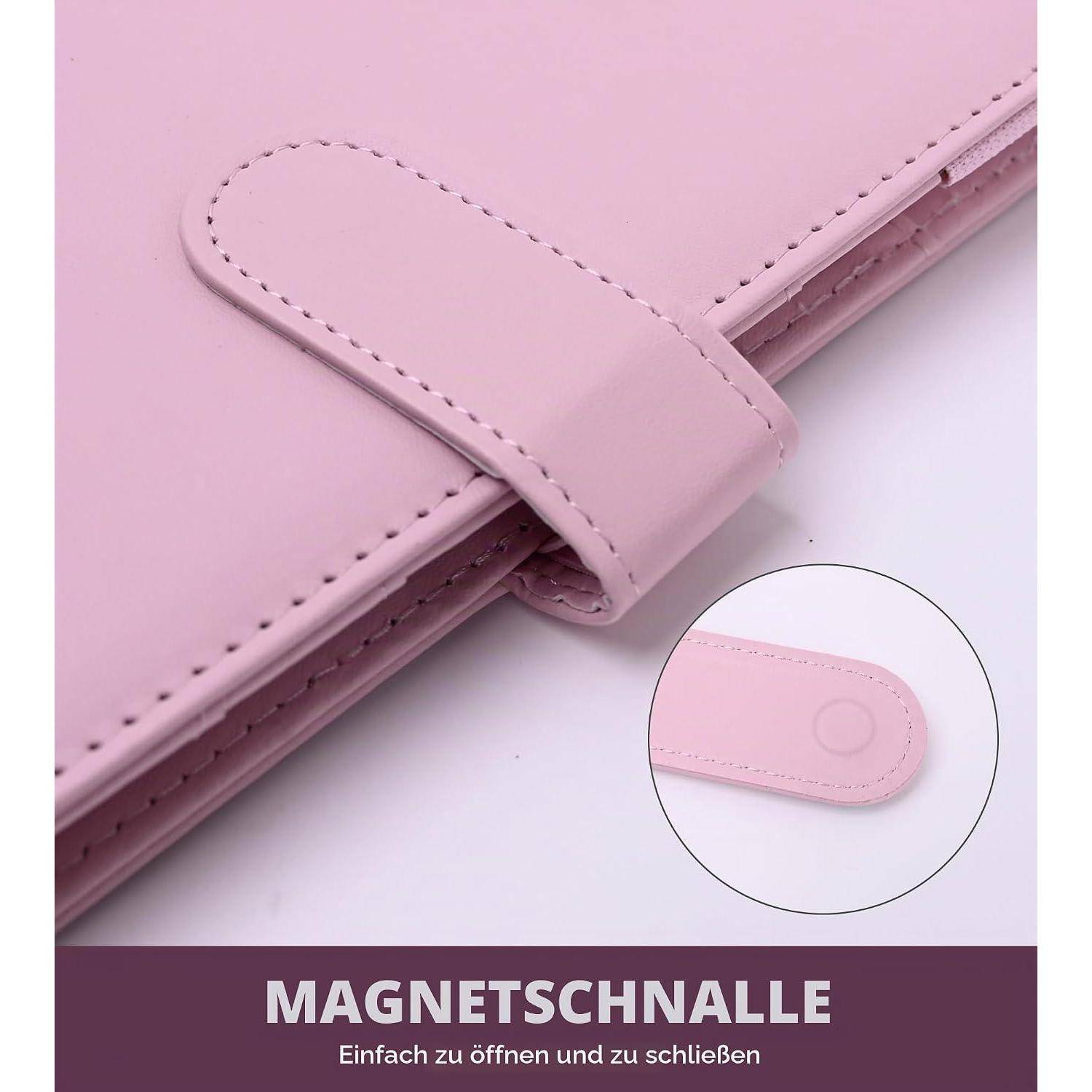 Rosa Geldbörse oder Etui mit magnetischer Schnellverschlussfunktion, in Nahaufnahme gezeigt; eine Einblendung hebt die Schnalle hervor und der Text sagt „MAGNETSCHNAELLE