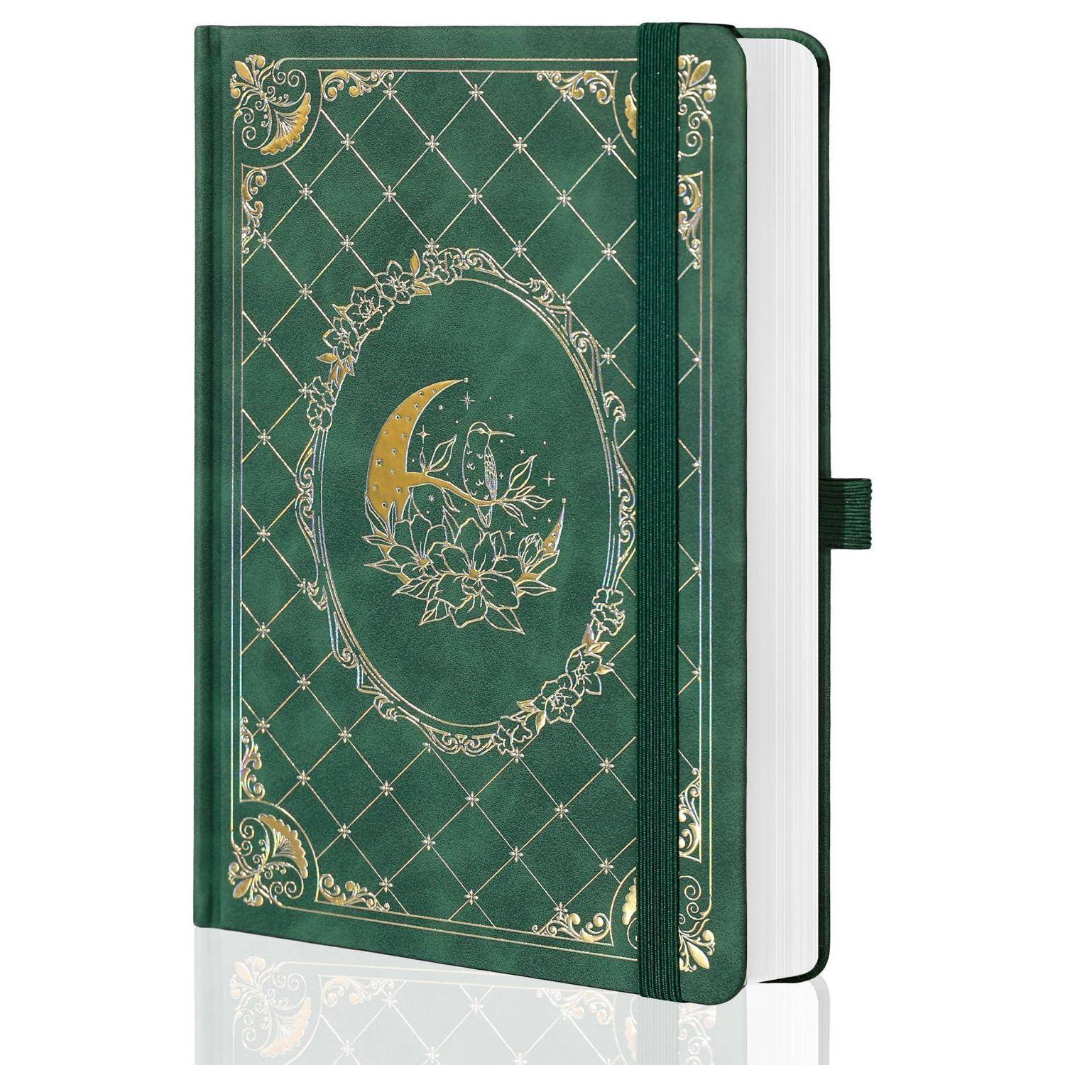 Grünes Hardcover-Notizbuch mit goldenem Blumenmuster und Mondsichel-Design, Gummiband-Verschluss, geschlossen abgebildet mit sichtbaren weißen Seiten