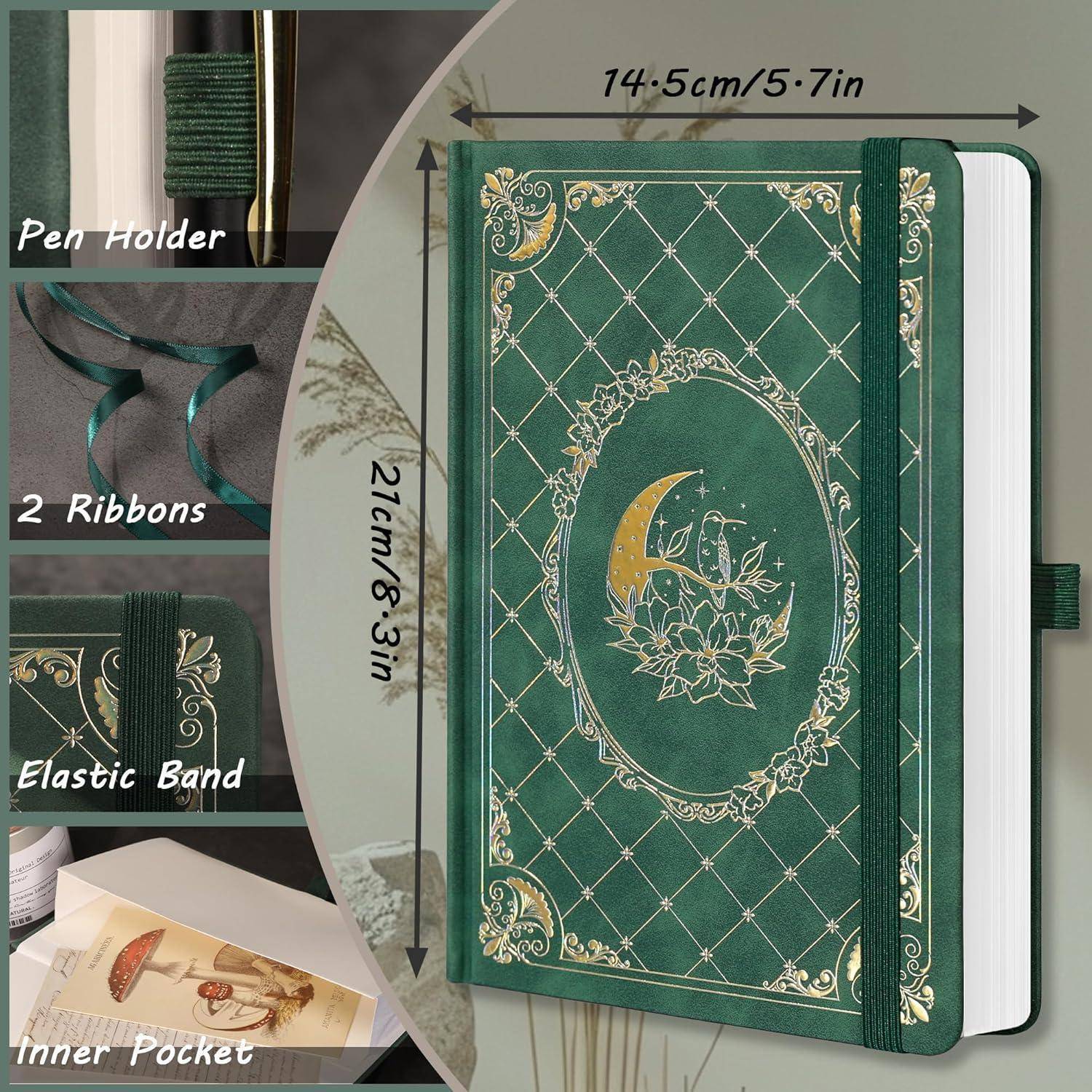 Grünes Hardcover-Notizbuch mit goldenem Blumenmuster, Gummiband, Stifthalter, zwei Bänder, innere Tasche und Abmessungen von 14,5 cm x 21 cm.