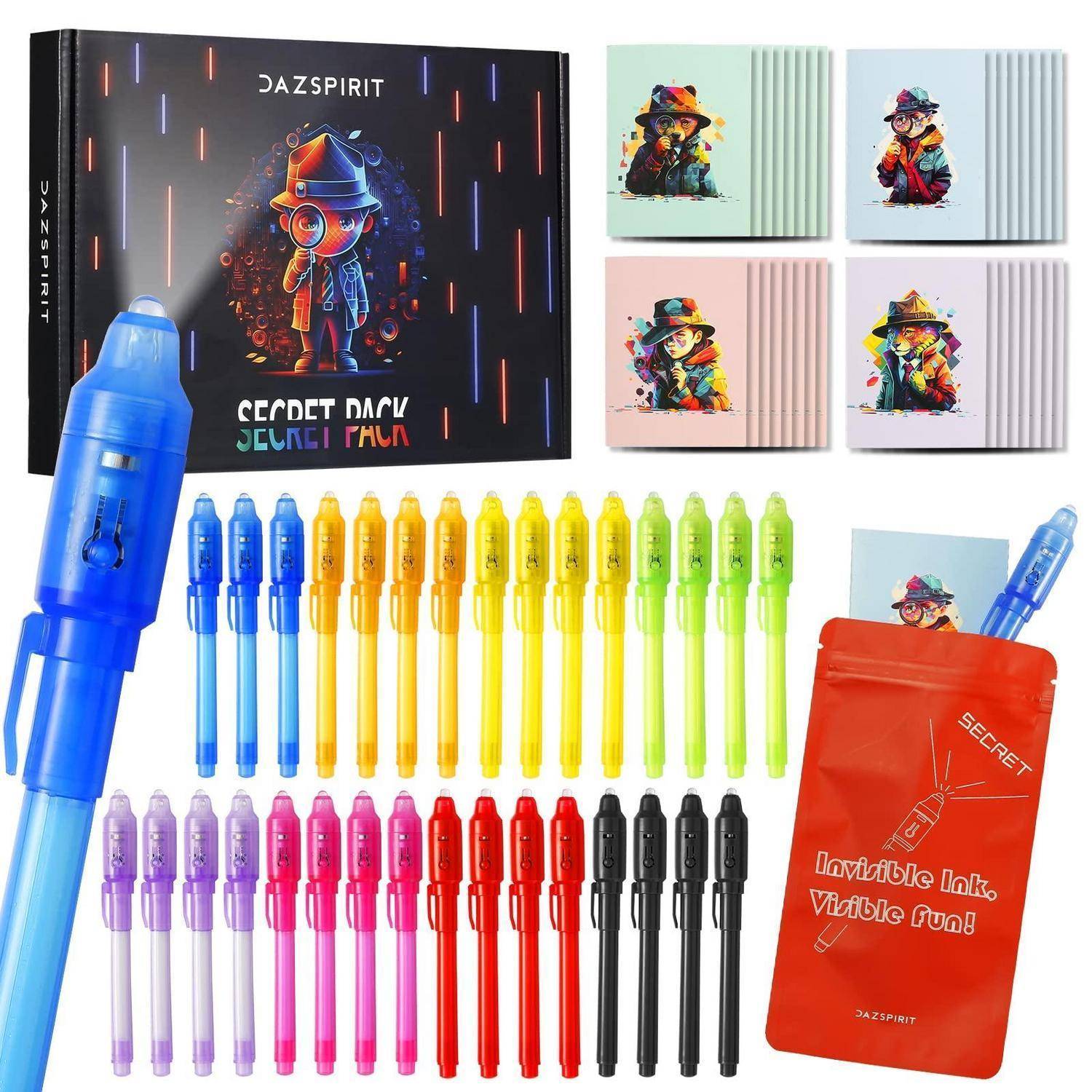 Farbenfroher Geheimtintenstift-Set mit vielen Stiften, einem UV-Lichtstift, Verpackung und vier Musterblöcken, die unsichtbare Schreibeffekte zeigen.