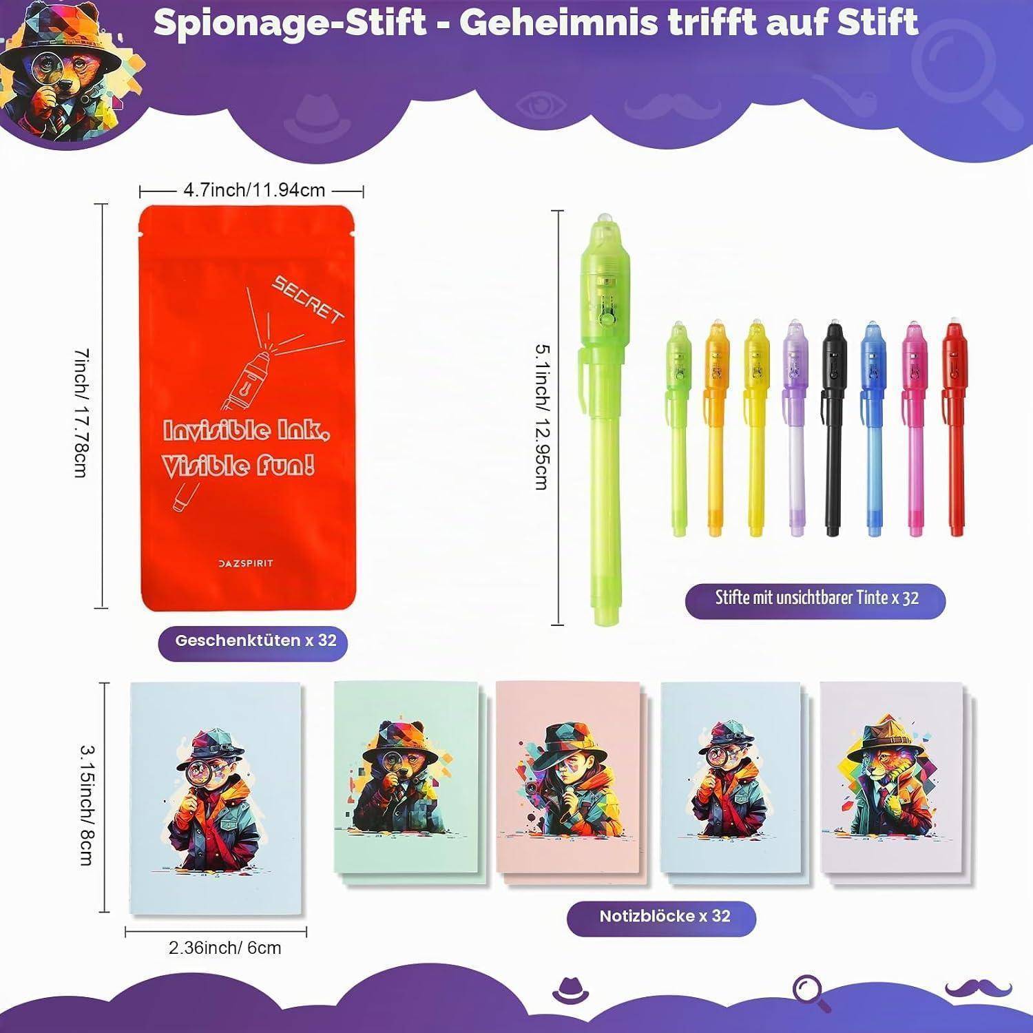 DazSpirit 32 Stück Geheimstift und Notizbuch-Set, Zauberstifte mit UV-Licht | Partytütenfüller für Jungen und Mädchen, Unsichtbarer Stift Spy Pen