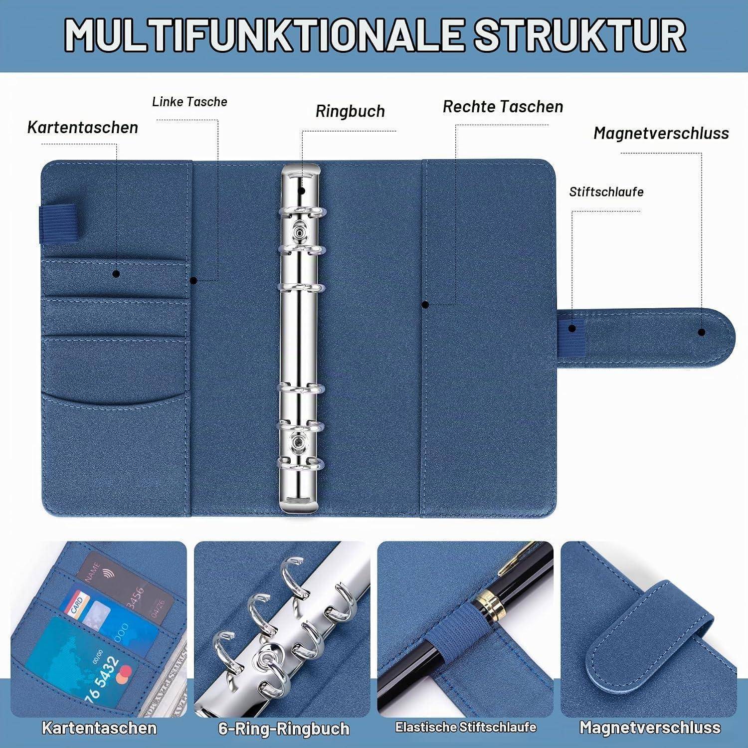 Blauer Ordner-Organizer mit beschrifteten Funktionen: Kartentaschen, linke und rechte Taschen, 6-Ring-Ordner, elastische Stiftschlaufe und Magnetverschluss.