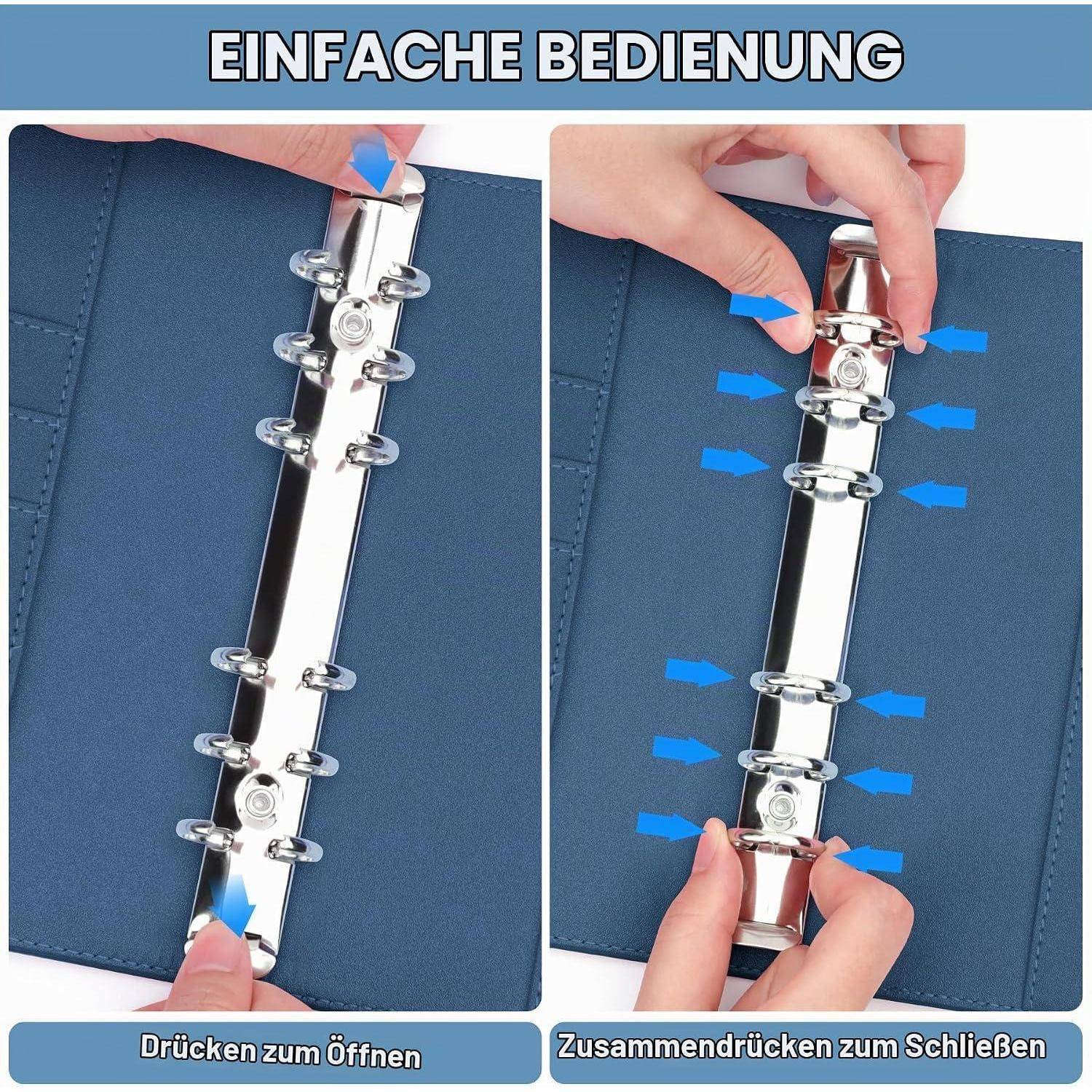 Illustration eines Ringbindermechanismus: drücken zum Öffnen und zusammendrücken zum Schließen, beschriftet auf Deutsch mit „Einfache Bedienung".