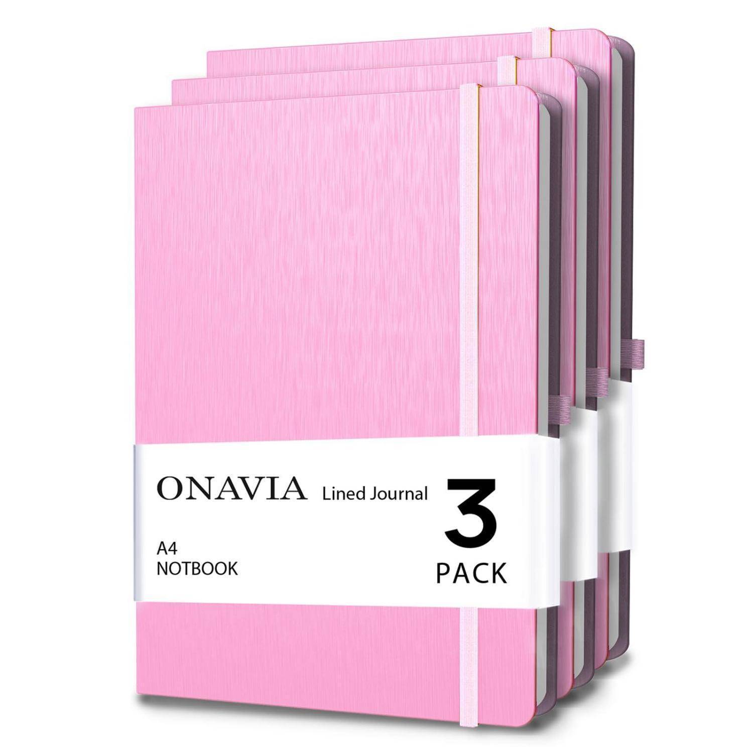 Dreier-Pack rosa linierter A4-Notizbücher mit Gummibändern und weißem Etikett mit der Aufschrift „ONAVIA Lined Journal