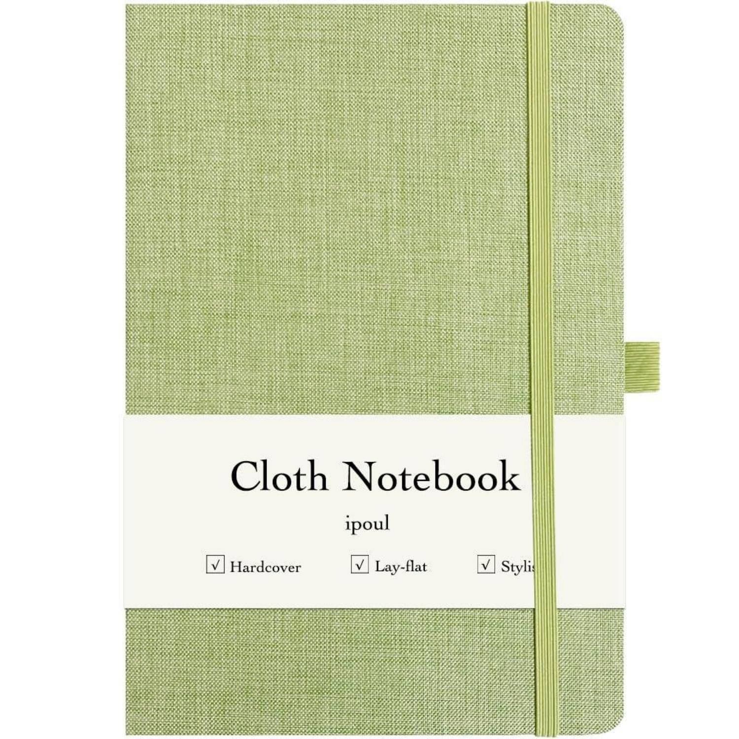 Grünes, stoffbezogenes Notizbuch mit Gummiband und Etikett mit der Aufschrift „Cloth Notebook