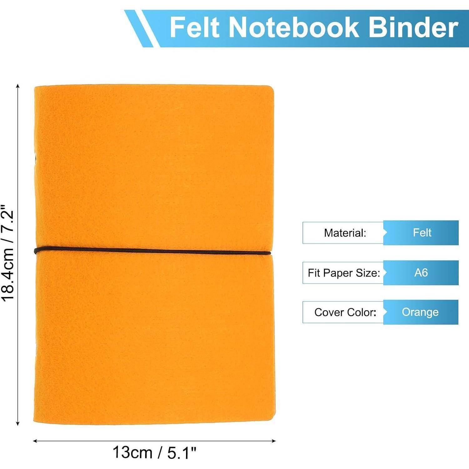 Orange Filz-Notizbuch-Ordner, A6-Größe, 18,4 cm x 13 cm, gezeigt mit Produktdetails: Material Filz und Umschlagfarbe Orange.