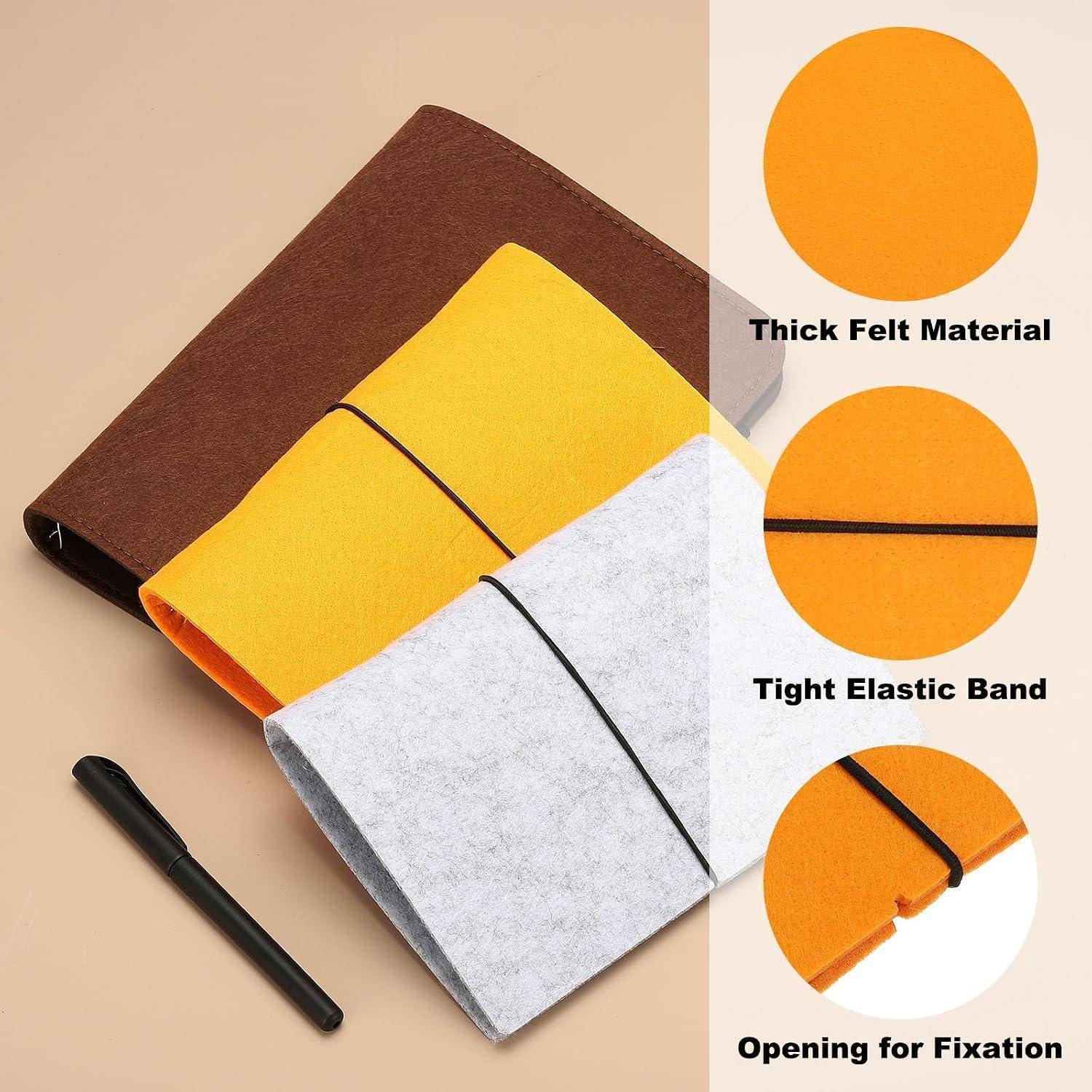 Drei Filz-Notizbuchcover in Braun, Gelb und Grau mit Gummibändern und Stiftehalter, gezeigt mit Hinweisen auf dickes Filzmaterial, straff sitzendes Gummiband und fixierte Öffnung.