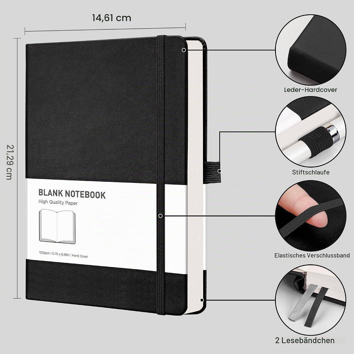 Schwarzes Hardcover-Notizbuch mit Abmessungen von 14,61 x 21,29 cm, mit Gummiband-Verschluss, Stiftschlaufe und zwei Lesezeichen; mit deutscher Beschriftung.