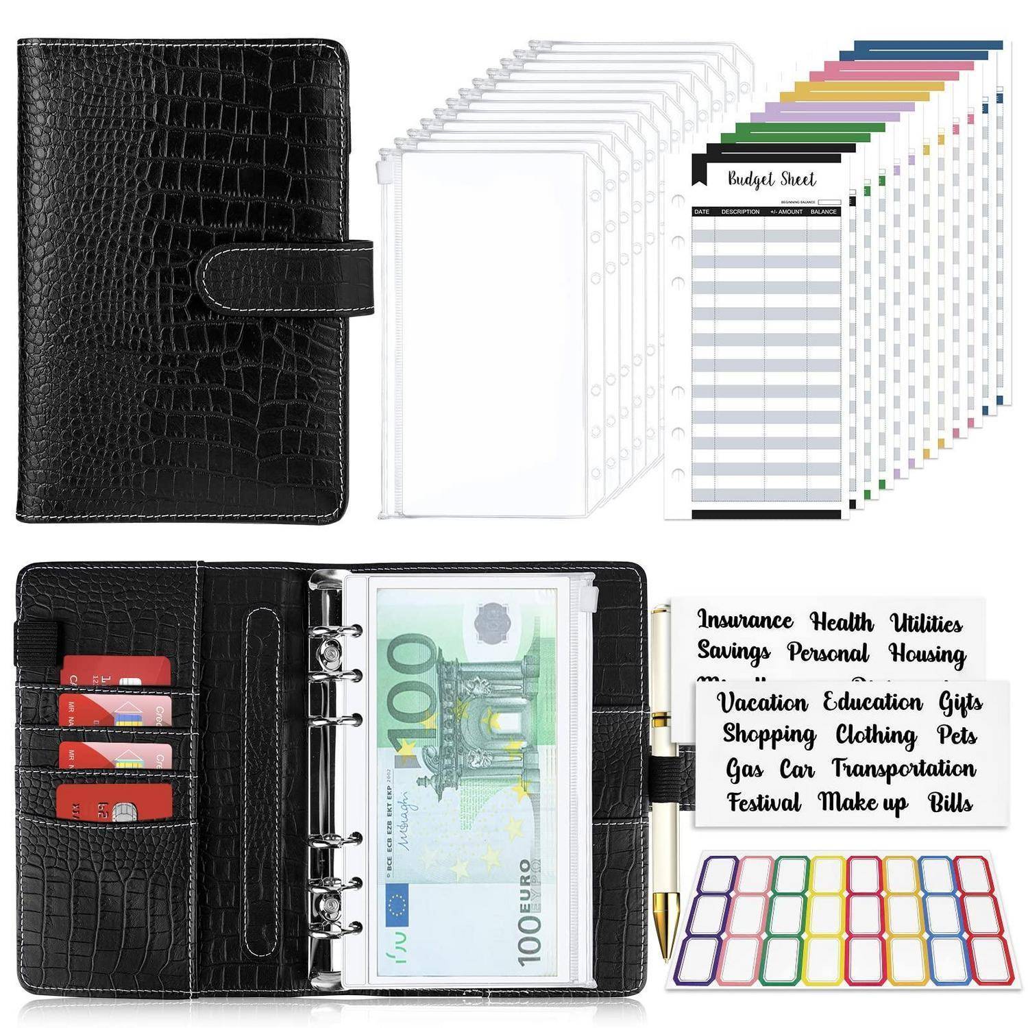 Schwarzer Kunstleder-Geldbinder mit Geldschutzhülsen, Kartenfächern und Budget-Blättern zur Organisation von Geld und Ausgaben.