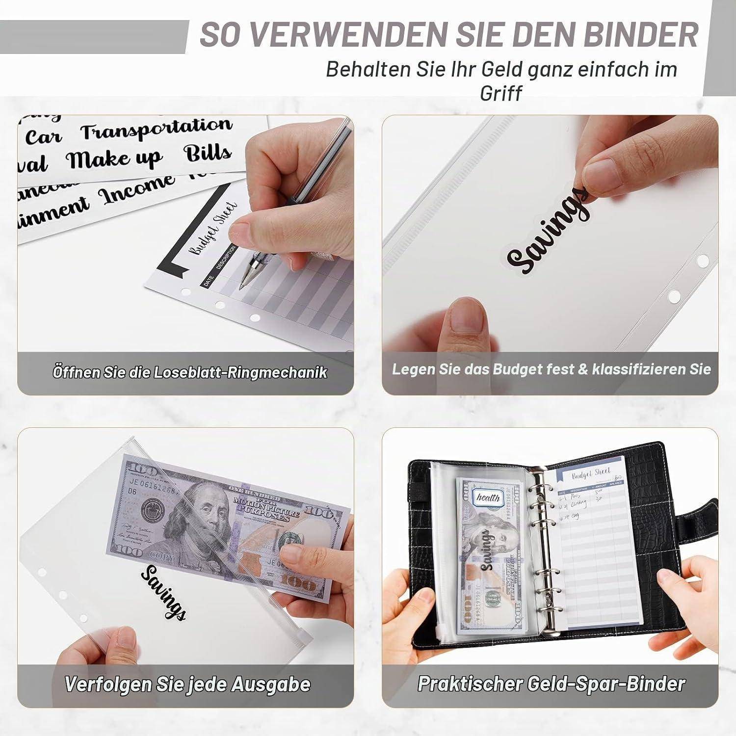 Infografik zur Verwendung eines Geldsparbinders: Öffnen Sie den Ringmechanismus, beschriften Sie die Budgetabschnitte, verfolgen Sie jede Ausgabe, und lagern Sie Bargeld in einem praktischen Organizer.