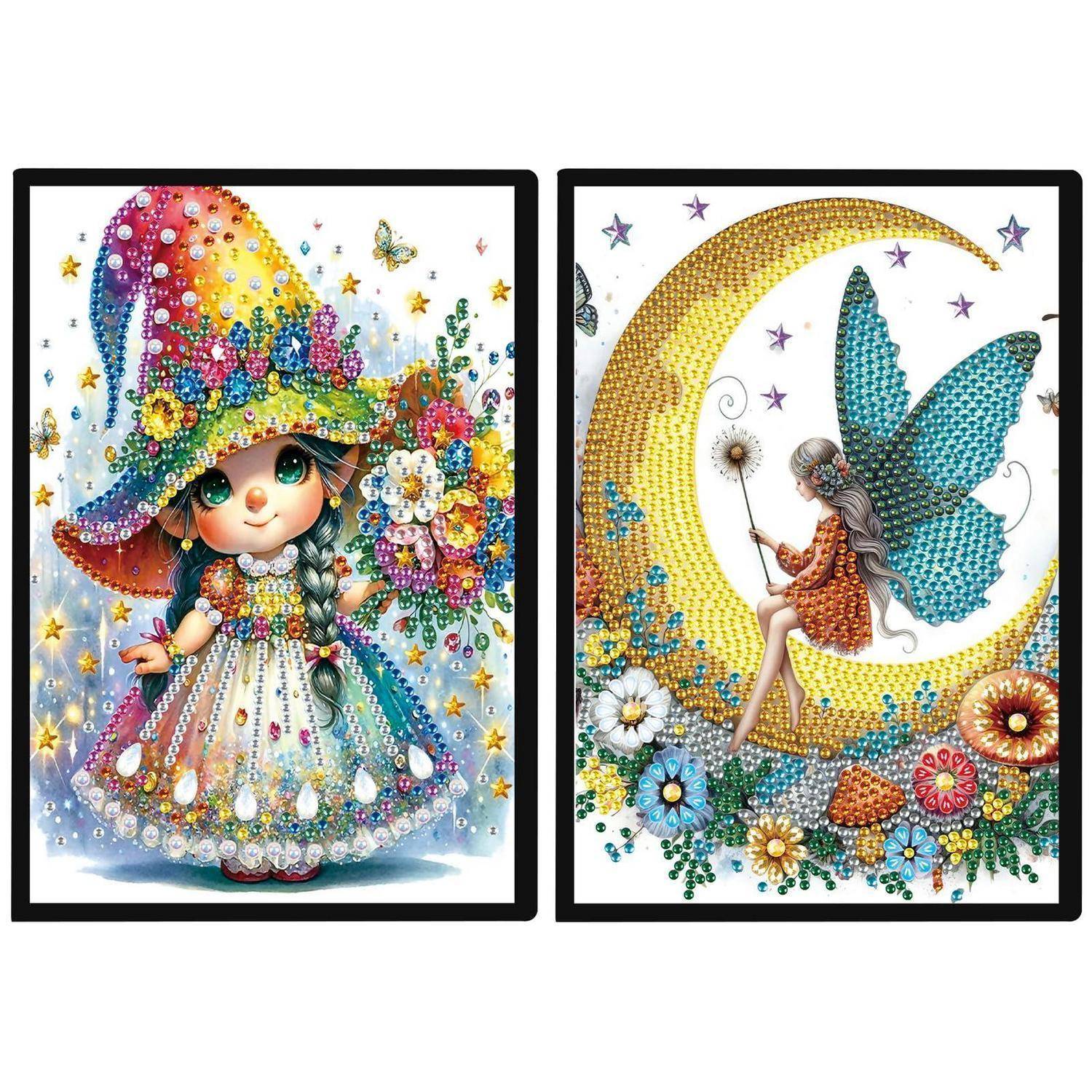 Zwei Diamant-Kunstillustrationen: ein Mädchen mit Juwelen in einem Regenbogenhut und -kleid, und eine Fee, die auf einer Mondsichel sitzt, umgeben von Blumen und Sternen.