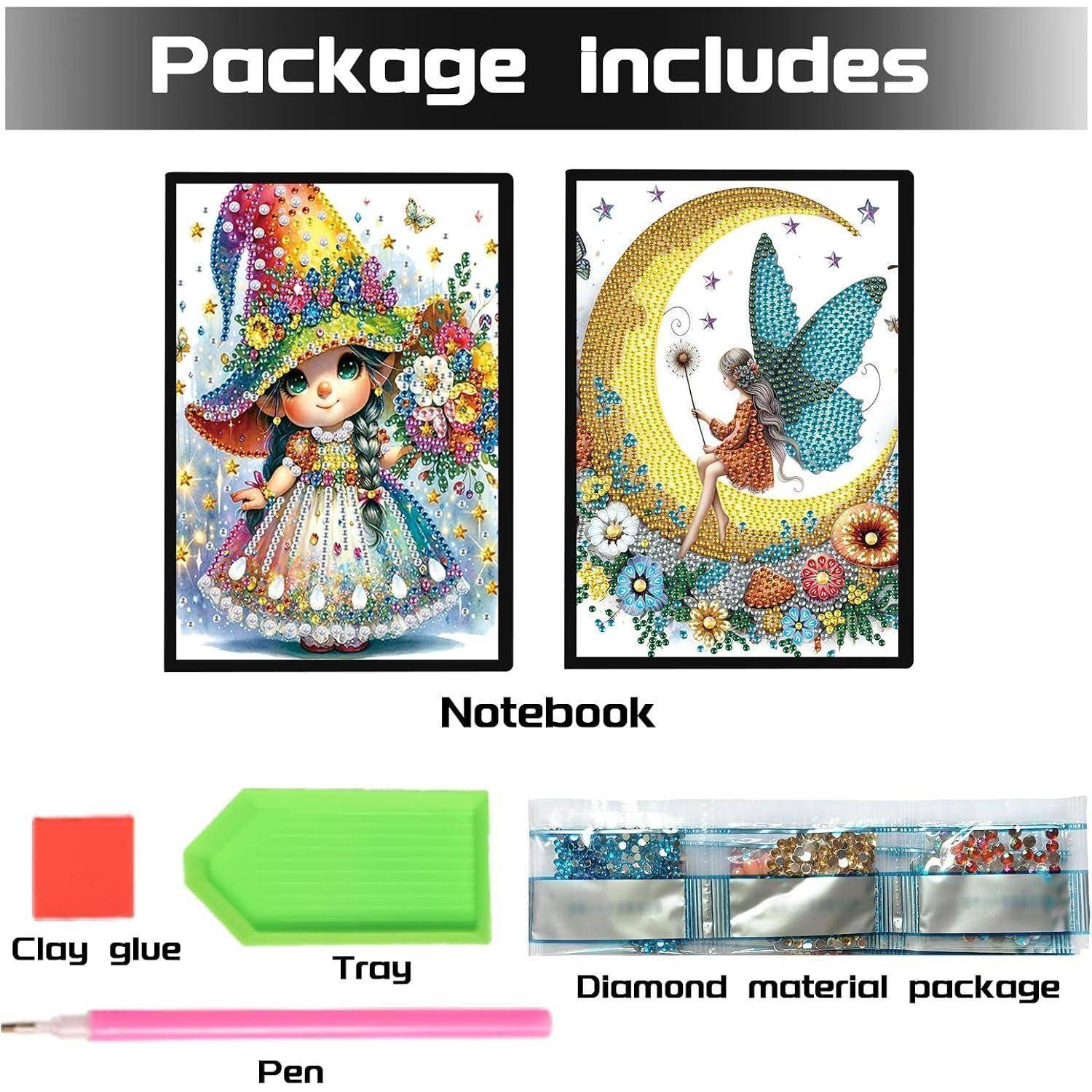 Das Paket enthält zwei Notizbuch-Coverdesigns und Diamond-Art-Werkzeuge: Tonkleber, Tablett, Stift und Diamond-Materialpaket.