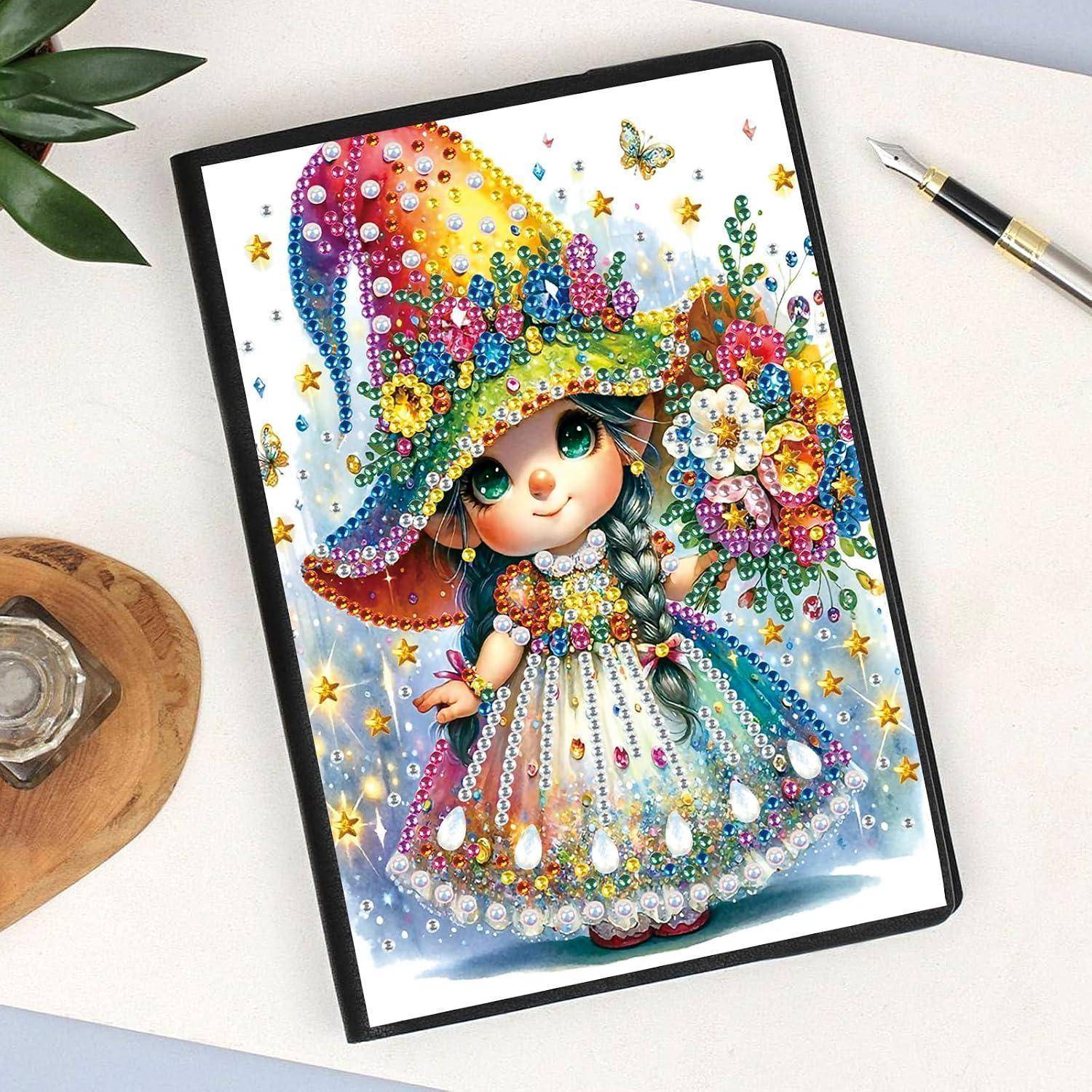 Eine bunte Perlenillustration eines lächelnden Mädchens in einem Regenbogenhut und Kleid, das einen Blumenstrauß hält, auf einer Skizzenbuchseite.
