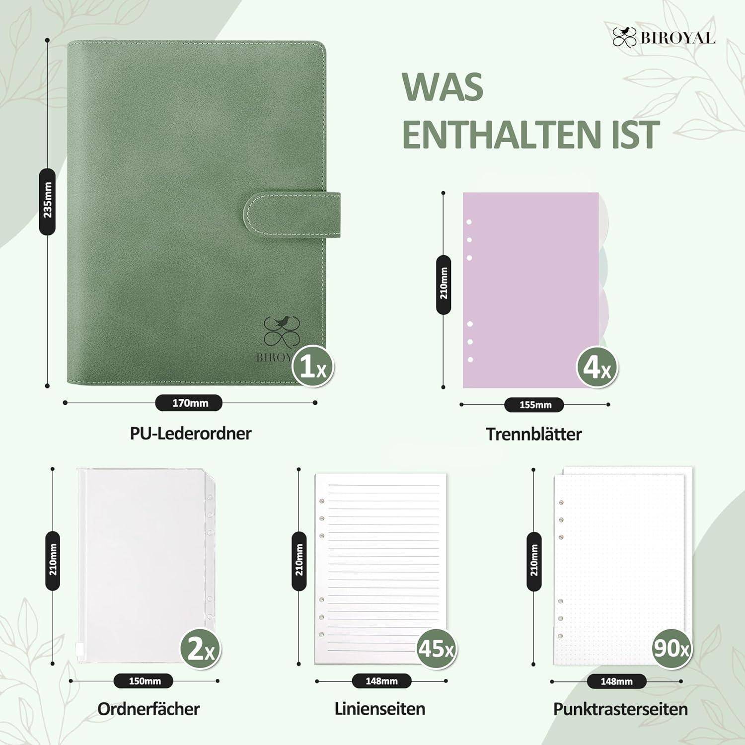 Übersicht des Produktinhalts mit einem grünen PU-Leder-Ordner mit Abmessungen und enthaltenen Einlagen: 4 Trennblätter, 2 Aktenordner-Taschen, 45 linierte Seiten und 90 gepunktete Seiten.