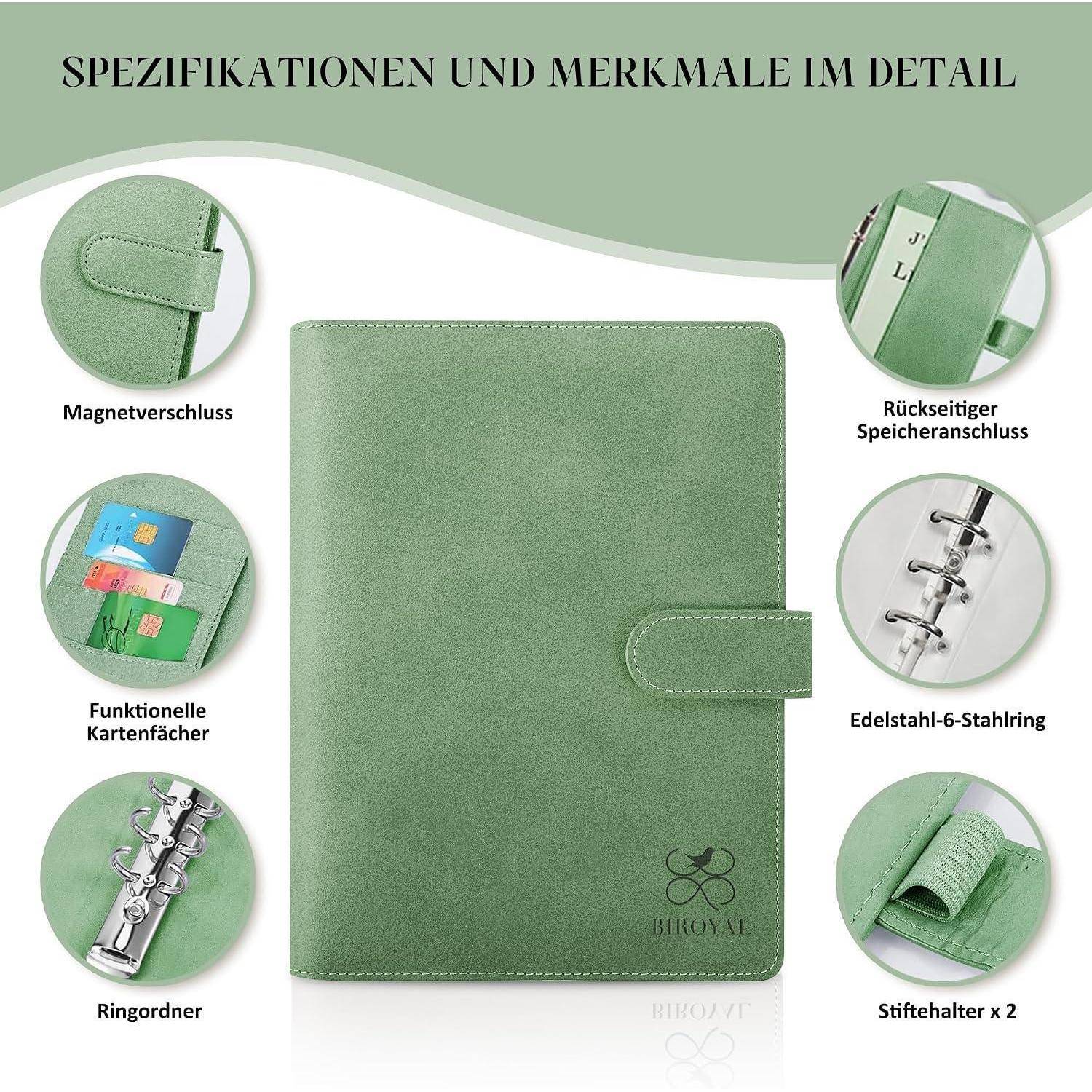 Grüner Organizer-Ordner mit Magnetverschluss, Rückentasche, Kartensteckplätze, Stiftschlaufen und 6-Ring-Metallmechanismus; in Detailansichten dargestellt.