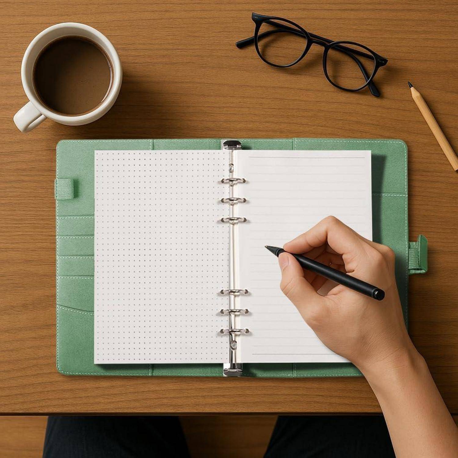 Handschrift in einem spiralgebundenen Notizbuch auf einem Holzschreibtisch, mit Kaffee, Brille und einem Bleistift in der Nähe.