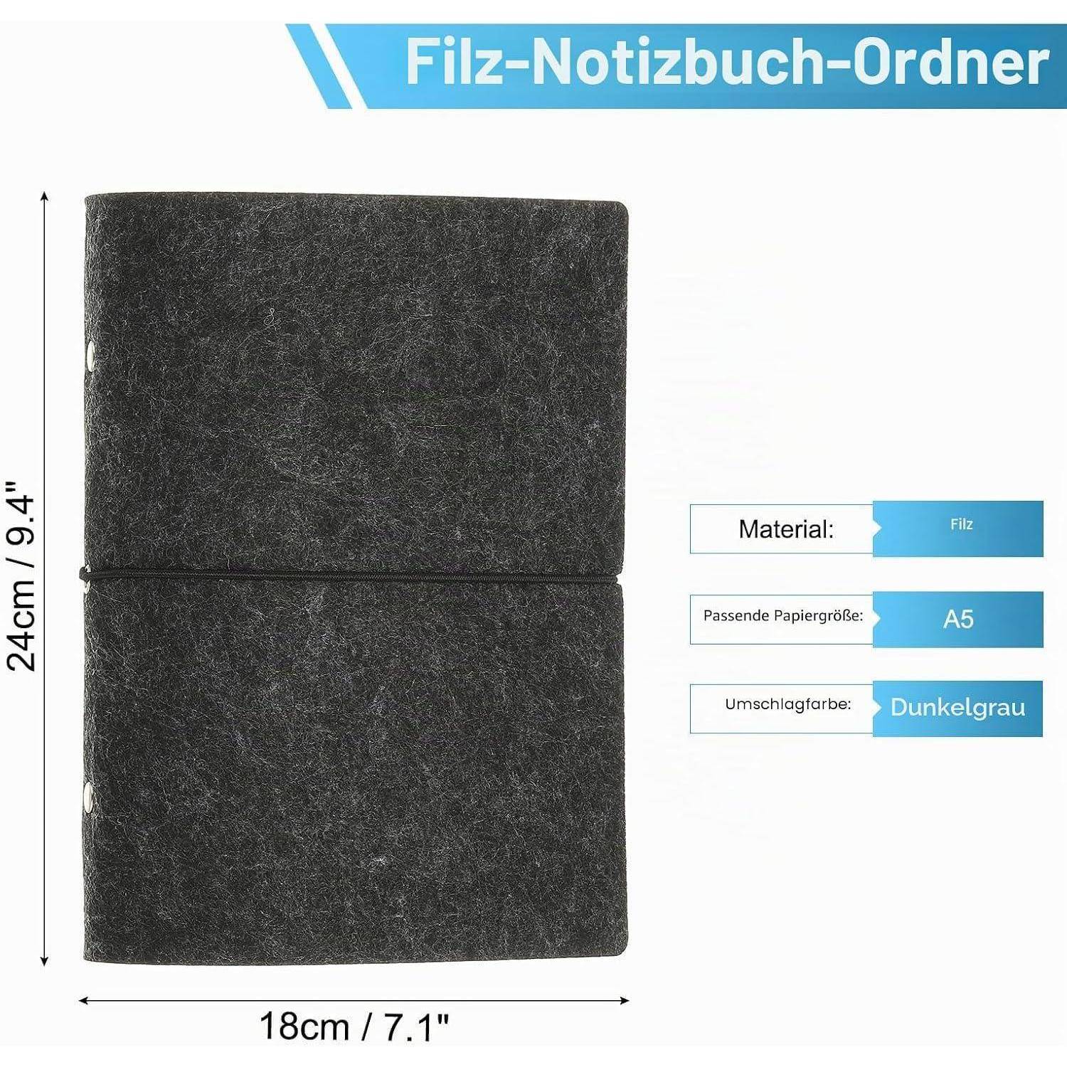 Dunkelgrauer Filz-Notizbuch-Ordner in Vorderansicht, mit Kennzeichnung 'Filz-Notizbuch-Ordner', Größe 24 cm x 18 cm für A5-Papier.